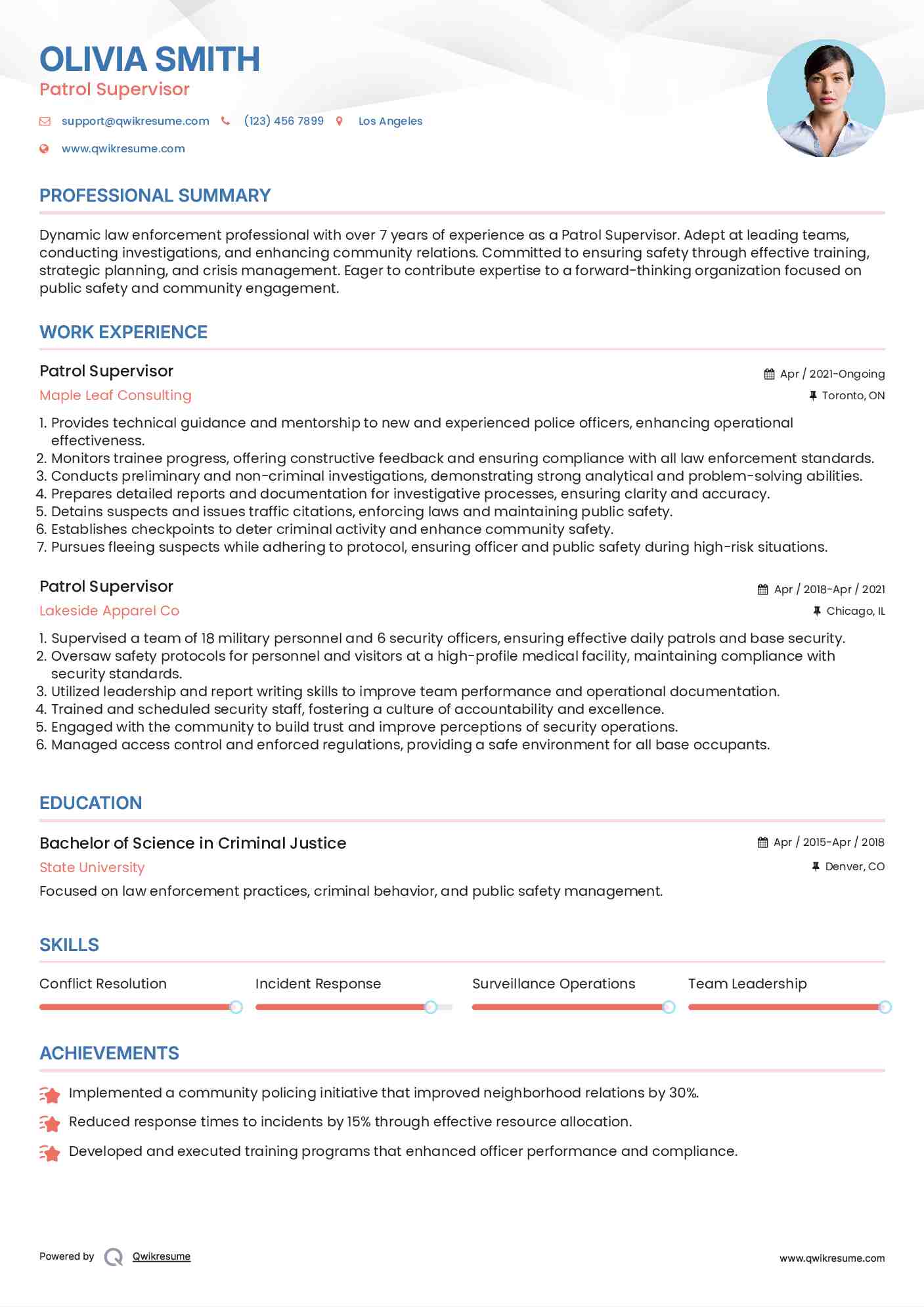 Patrol Supervisor Resume Sample