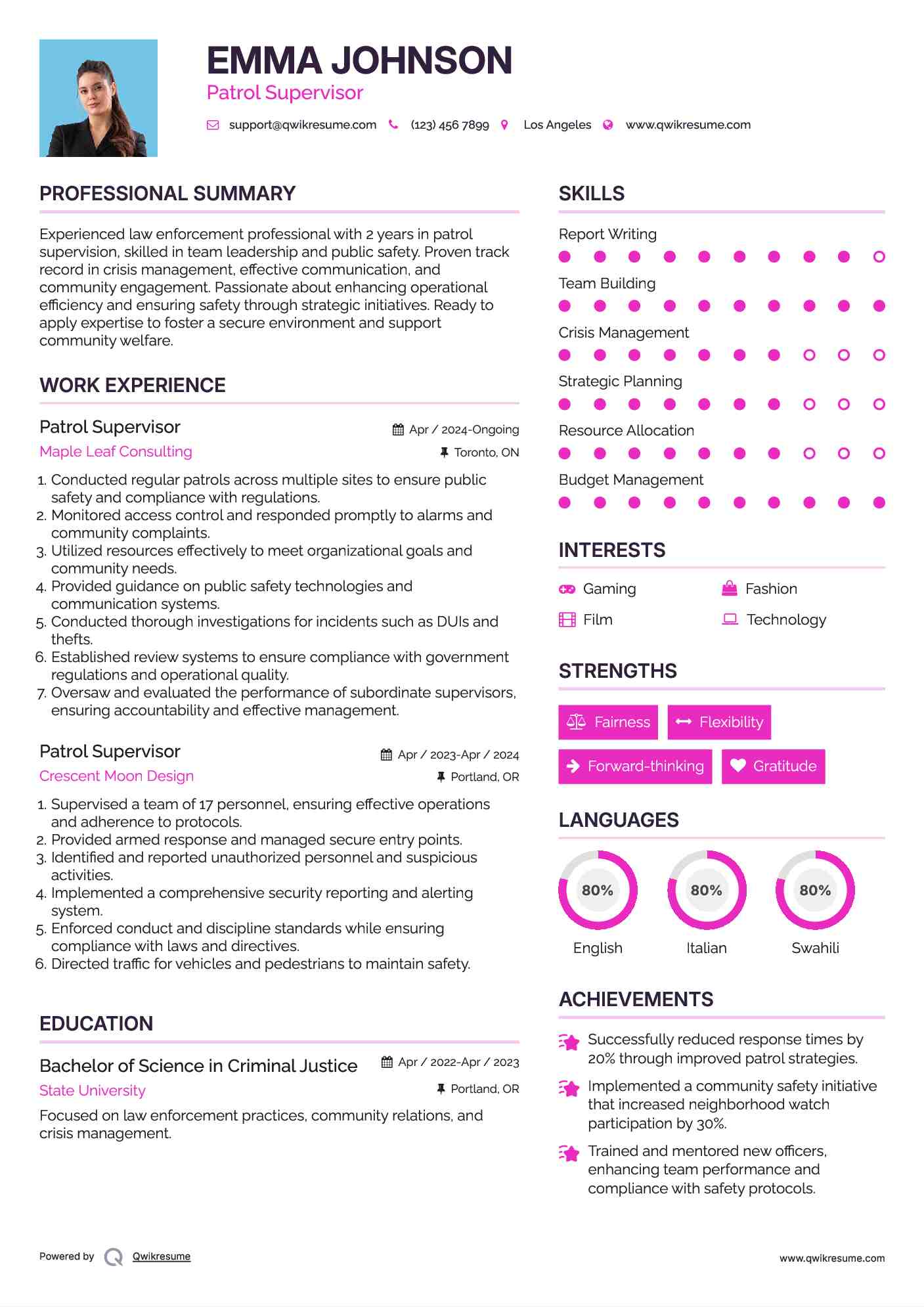 Patrol Supervisor Resume Example