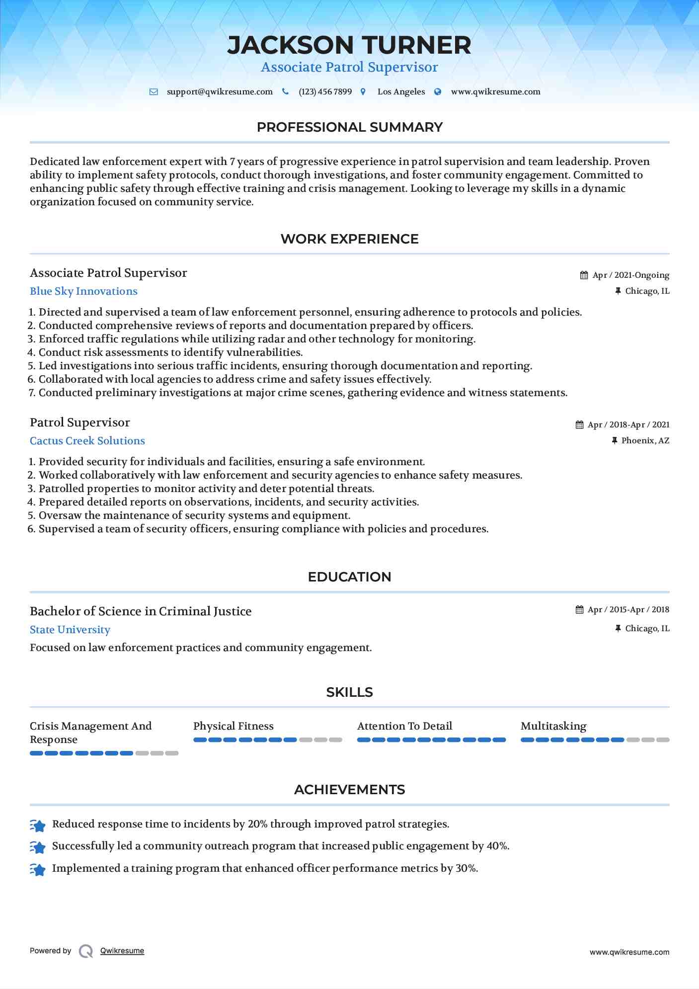 Associate Patrol Supervisor Resume Example
