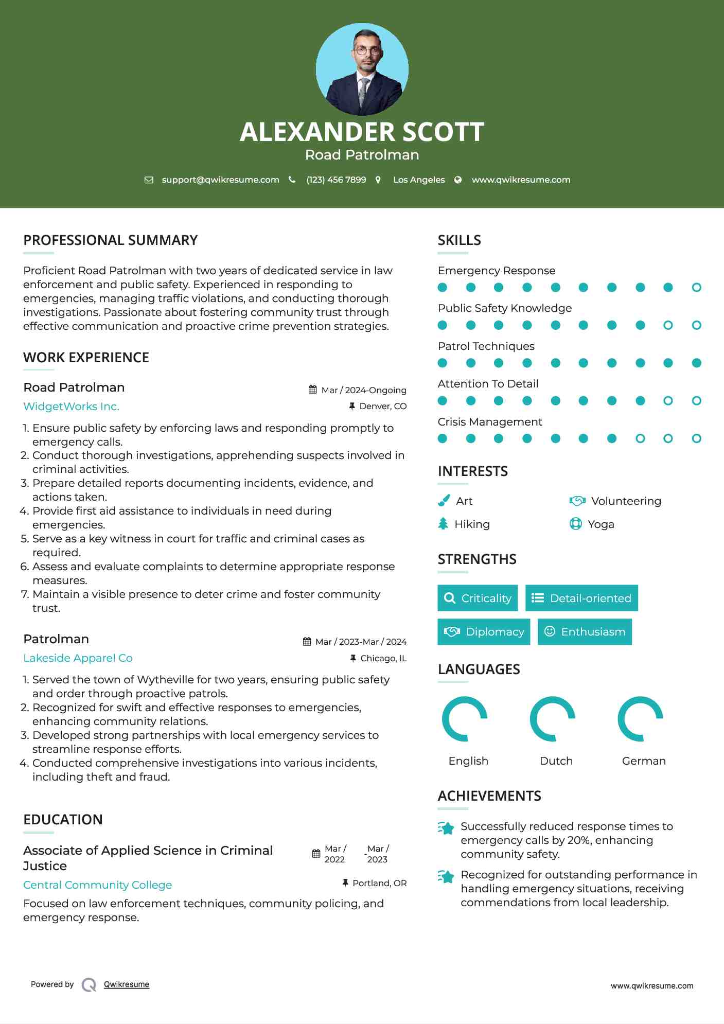 Road Patrolman
 Resume Format