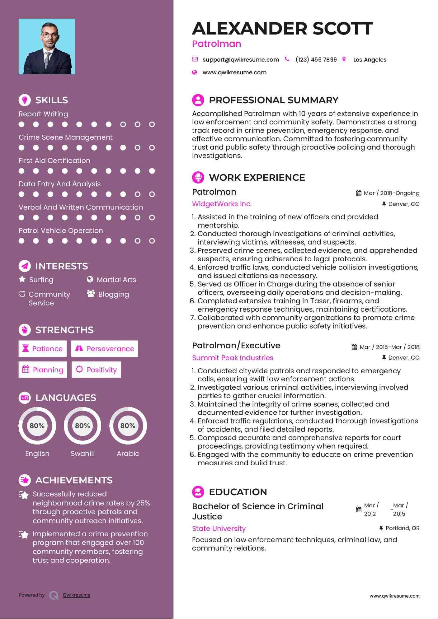 Patrolman Resume Sample