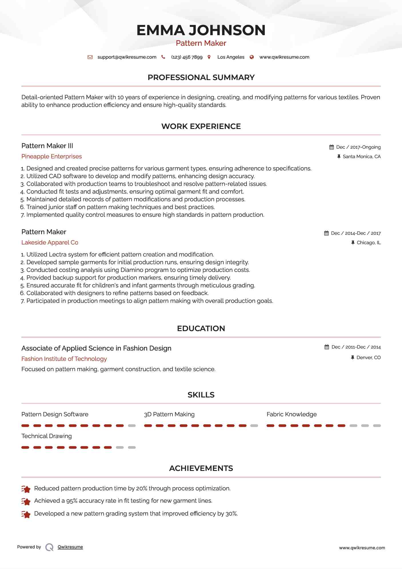 Pattern Maker III Resume Model