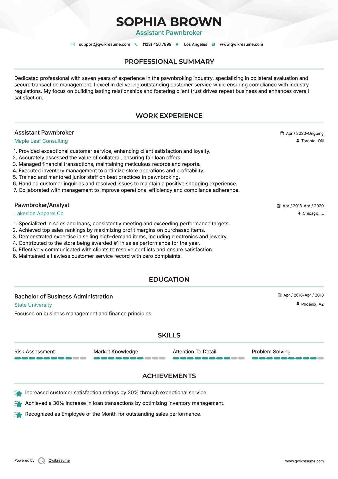 Assistant Pawnbroker Resume Model