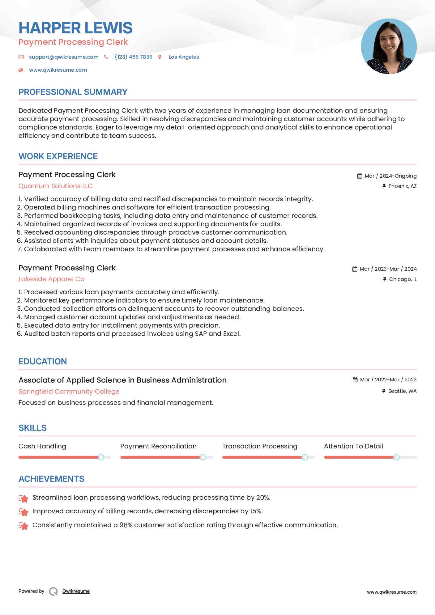 Payment Processing Clerk Resume Example