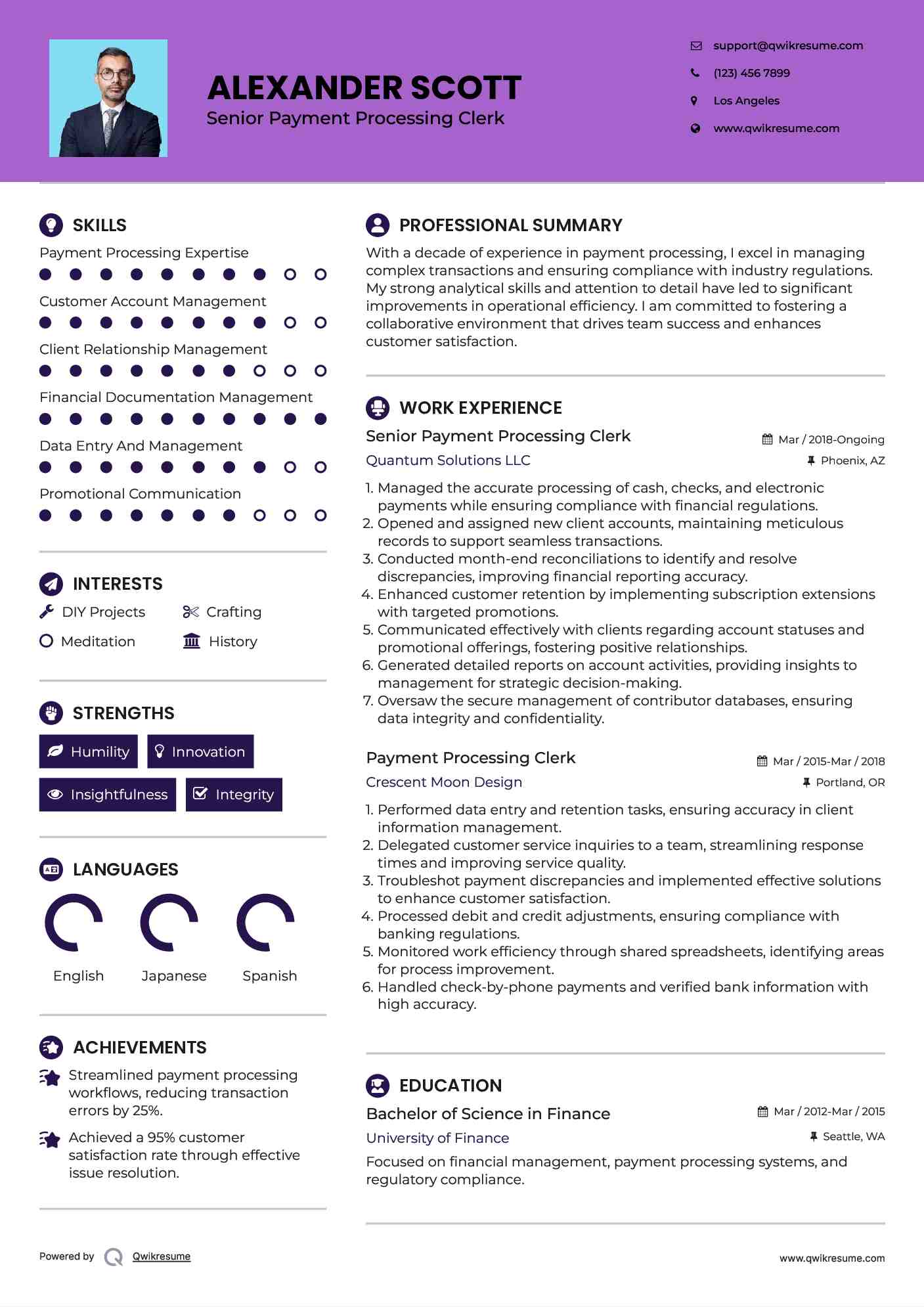 Senior Payment Processing Clerk Resume Example