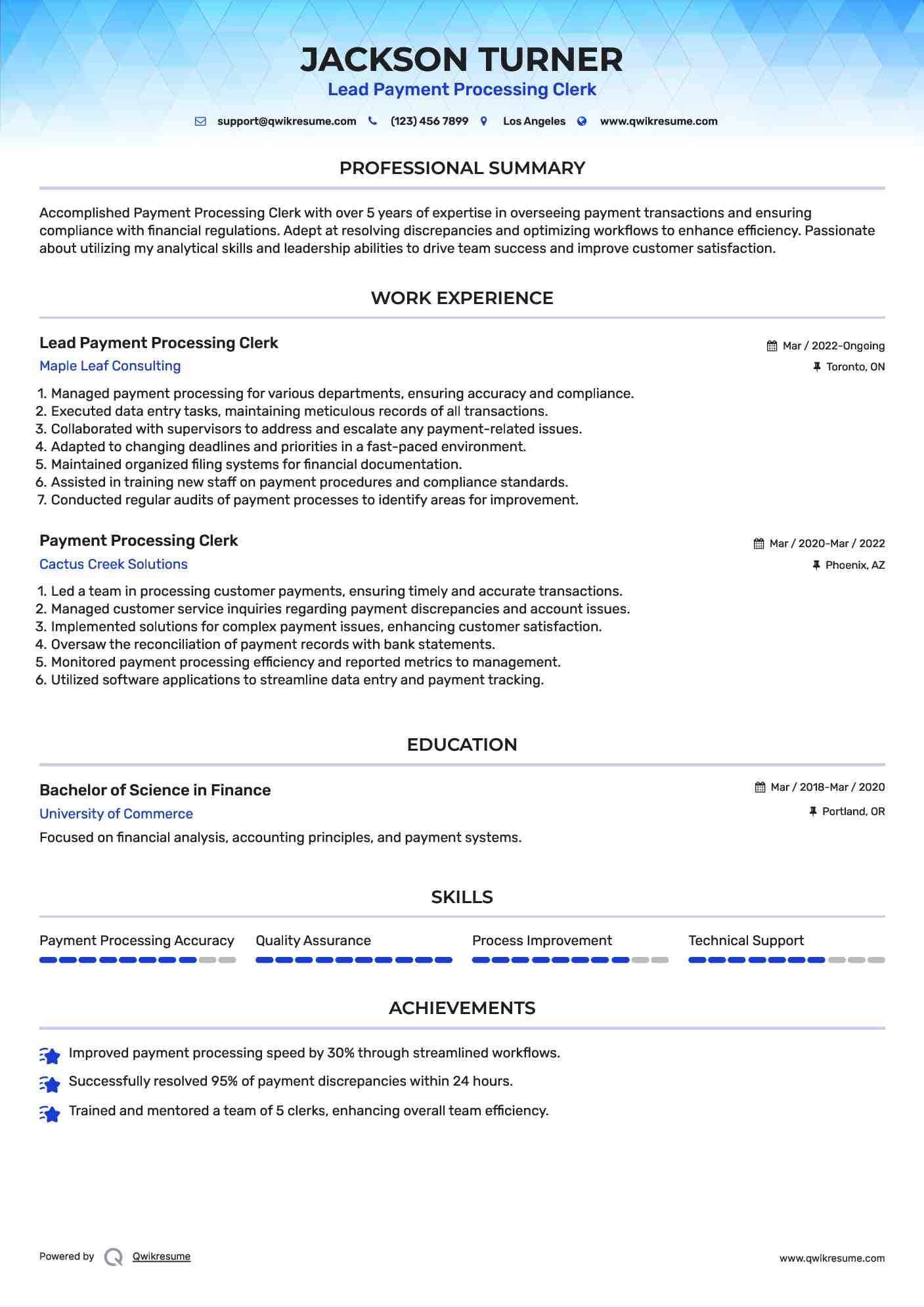 Lead Payment Processing Clerk Resume Sample