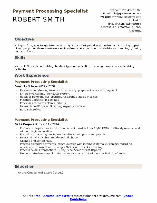 Payment Processing Specialist Resume Samples QwikResume