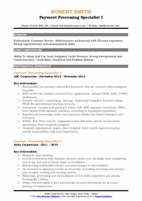 Payment Processing Specialist Resume Samples QwikResume