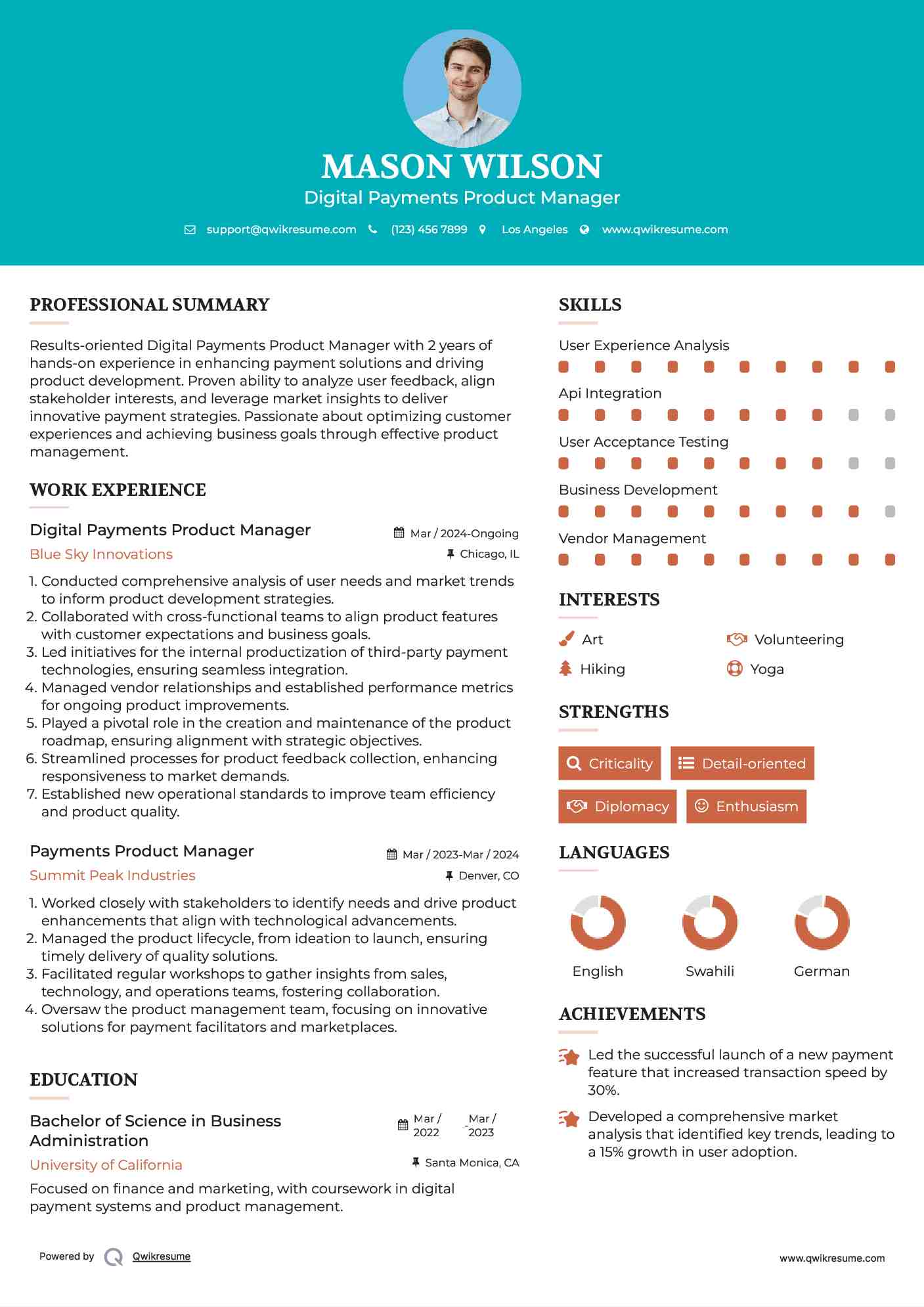 Digital Payments Product Manager
 Resume Model