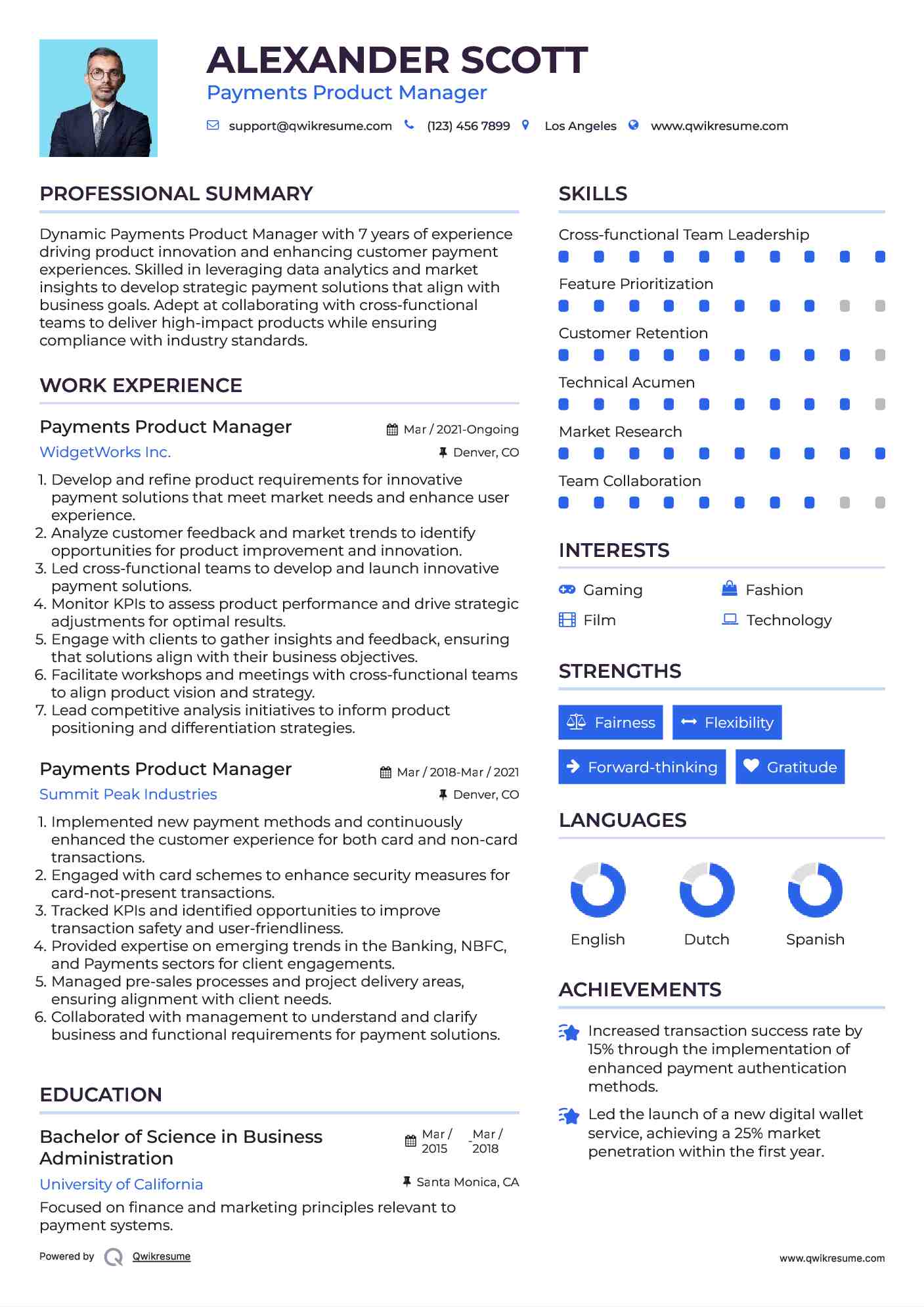 Payments Product Manager Resume Example