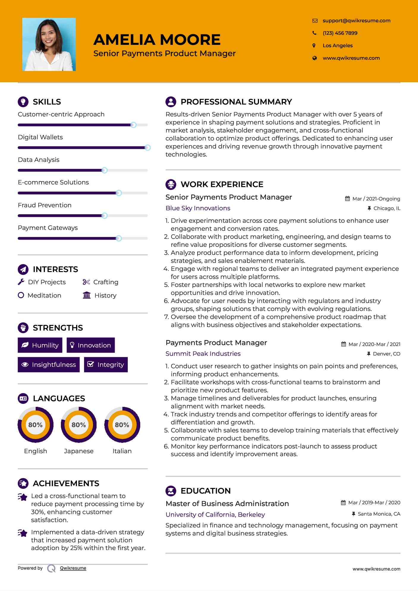 Senior Payments Product Manager Resume Format