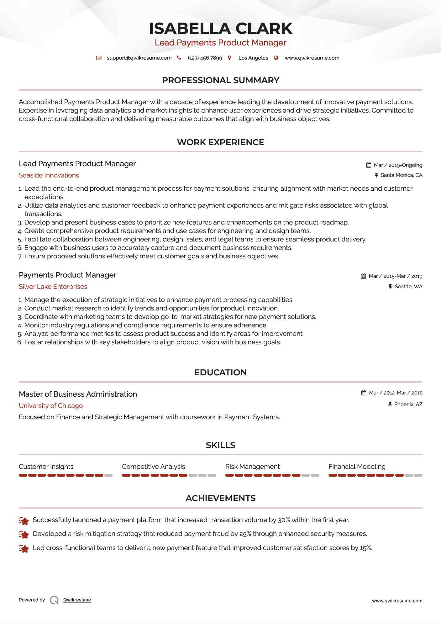 Lead Payments Product Manager  Resume Example