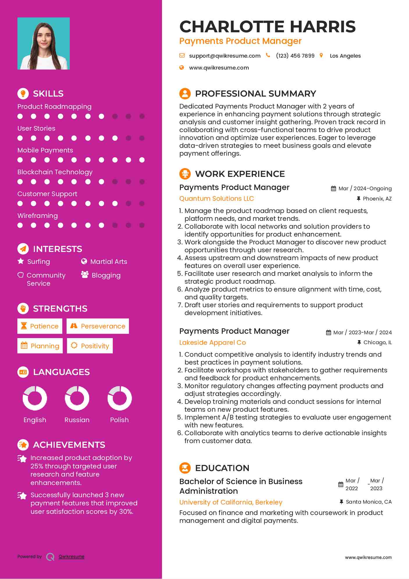 Payments Product Manager Resume Example