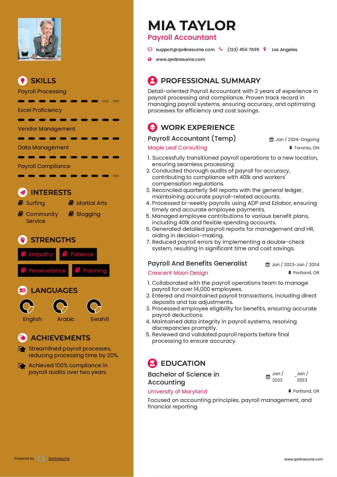 payroll accountant resume samples qwikresume payroll accountant resume