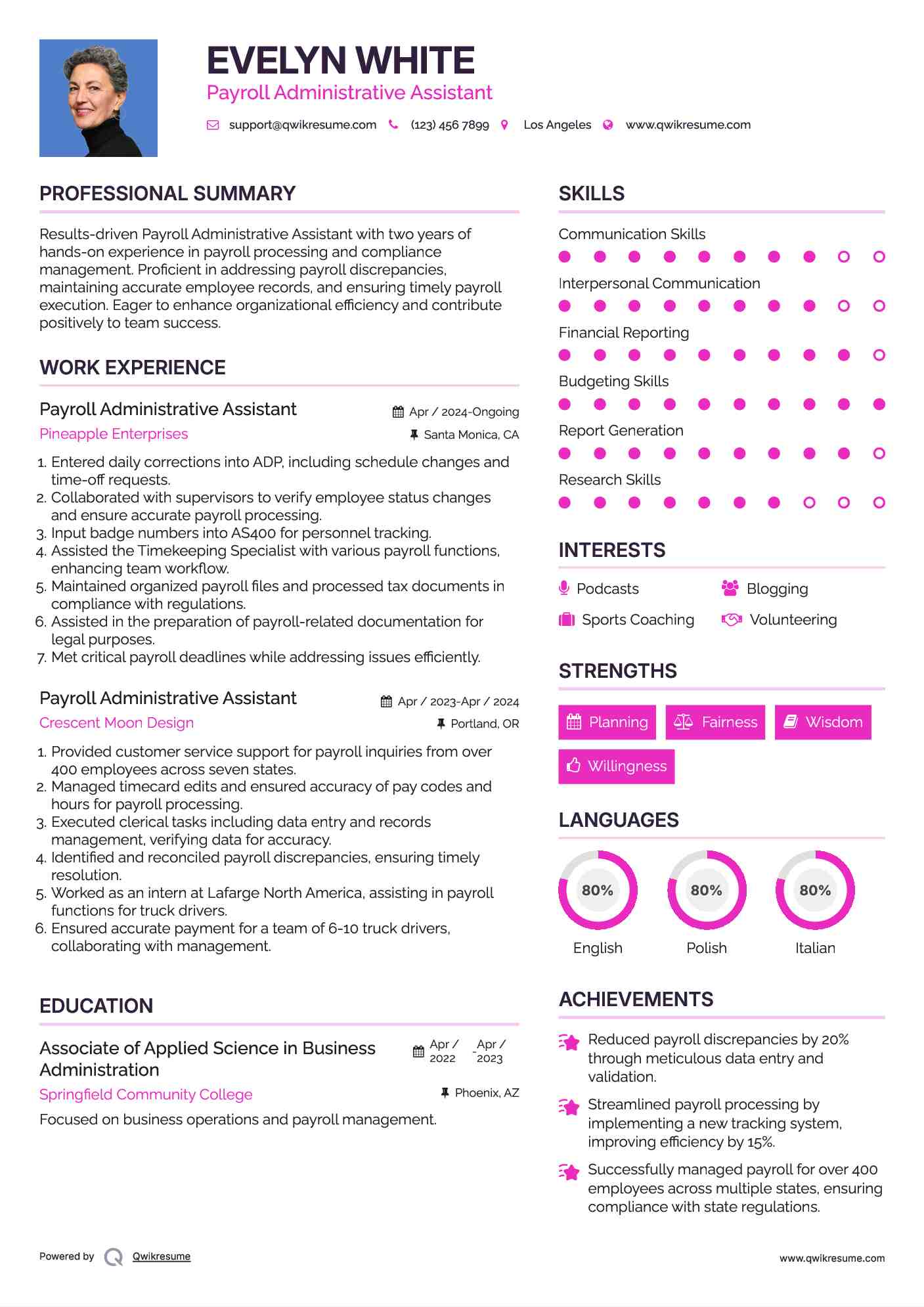 Payroll Administrative Assistant Resume Sample
