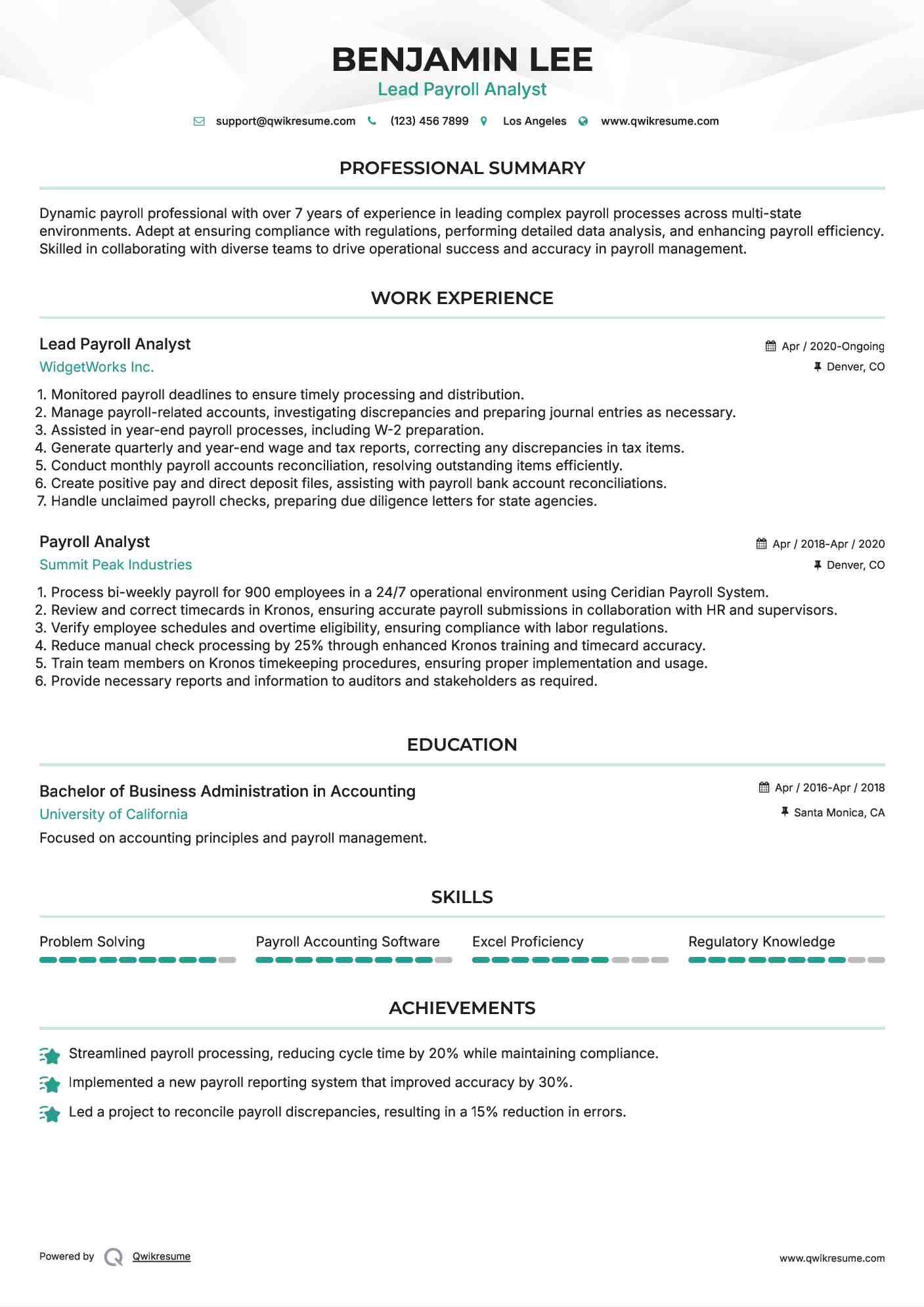 Lead Payroll Analyst Resume Example