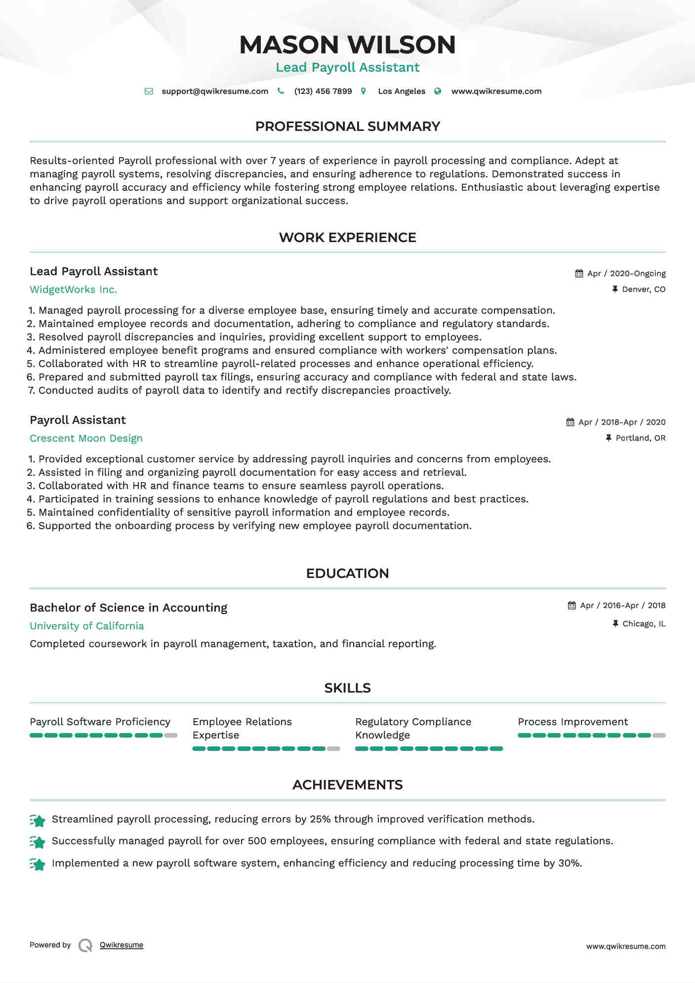 Lead Payroll Assistant Resume Model