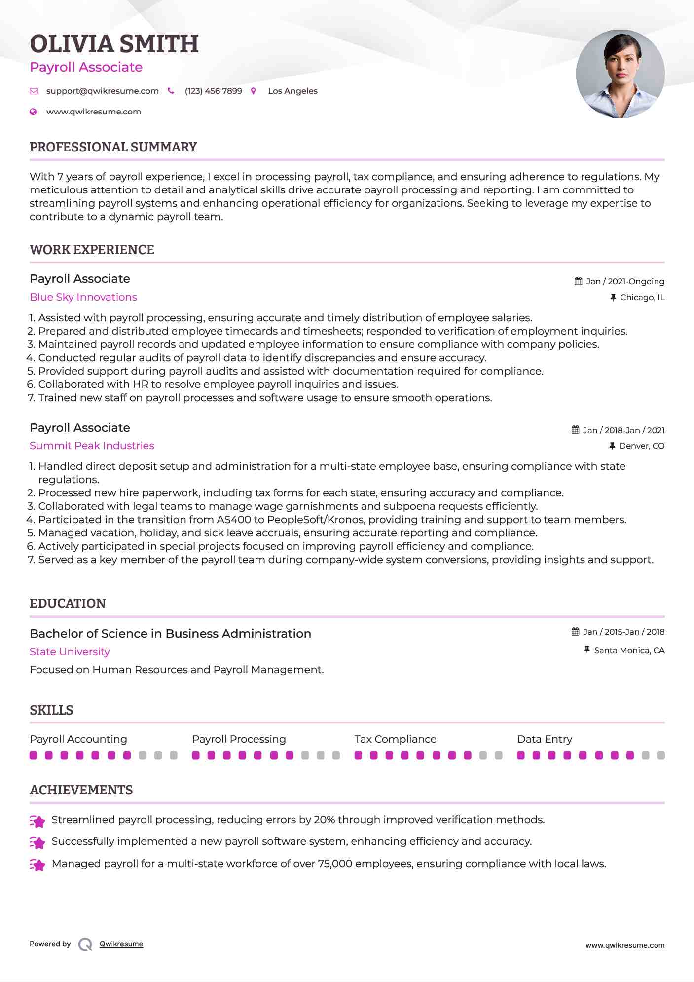 Payroll Associate Resume Example