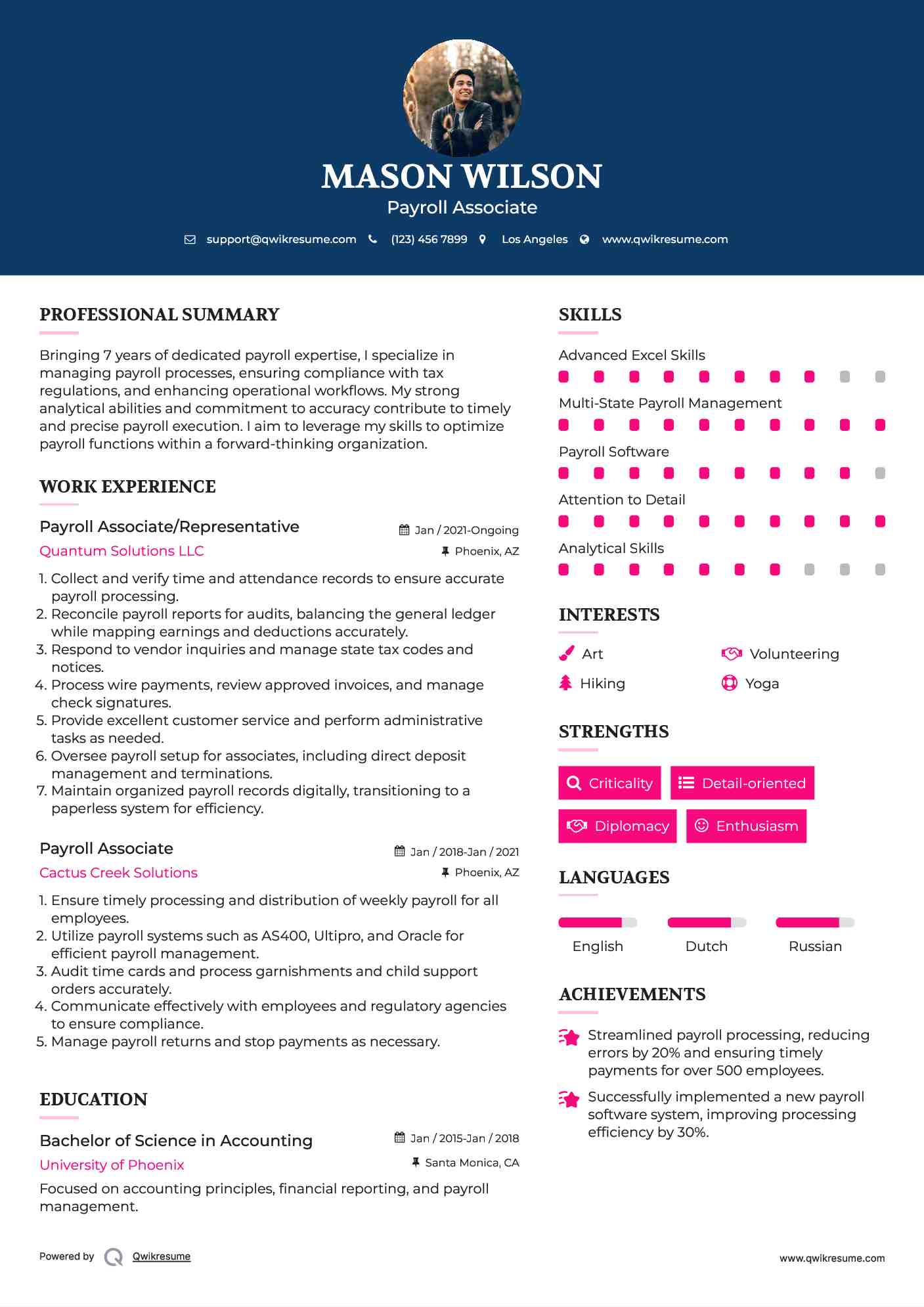 Payroll Associate/Representative Resume Model