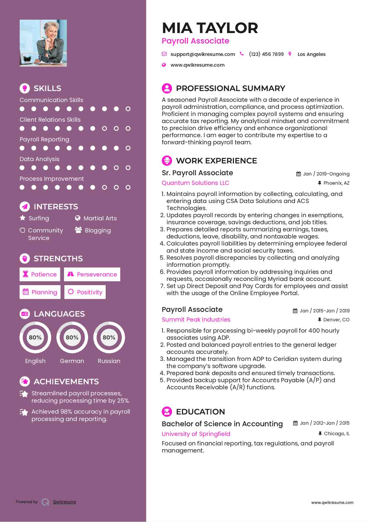 Sr. Payroll Associate Resume Example