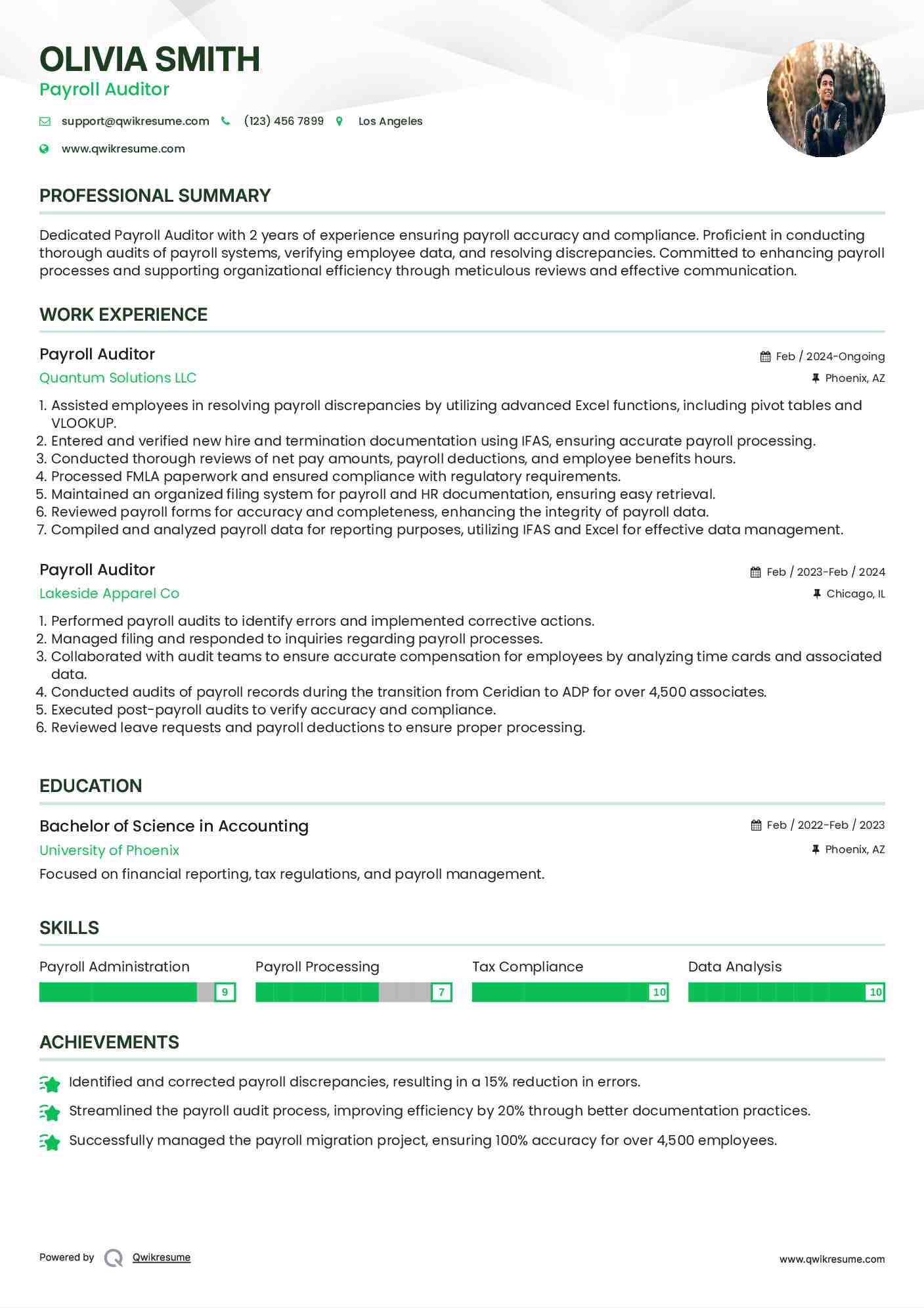 Payroll Auditor Resume Example