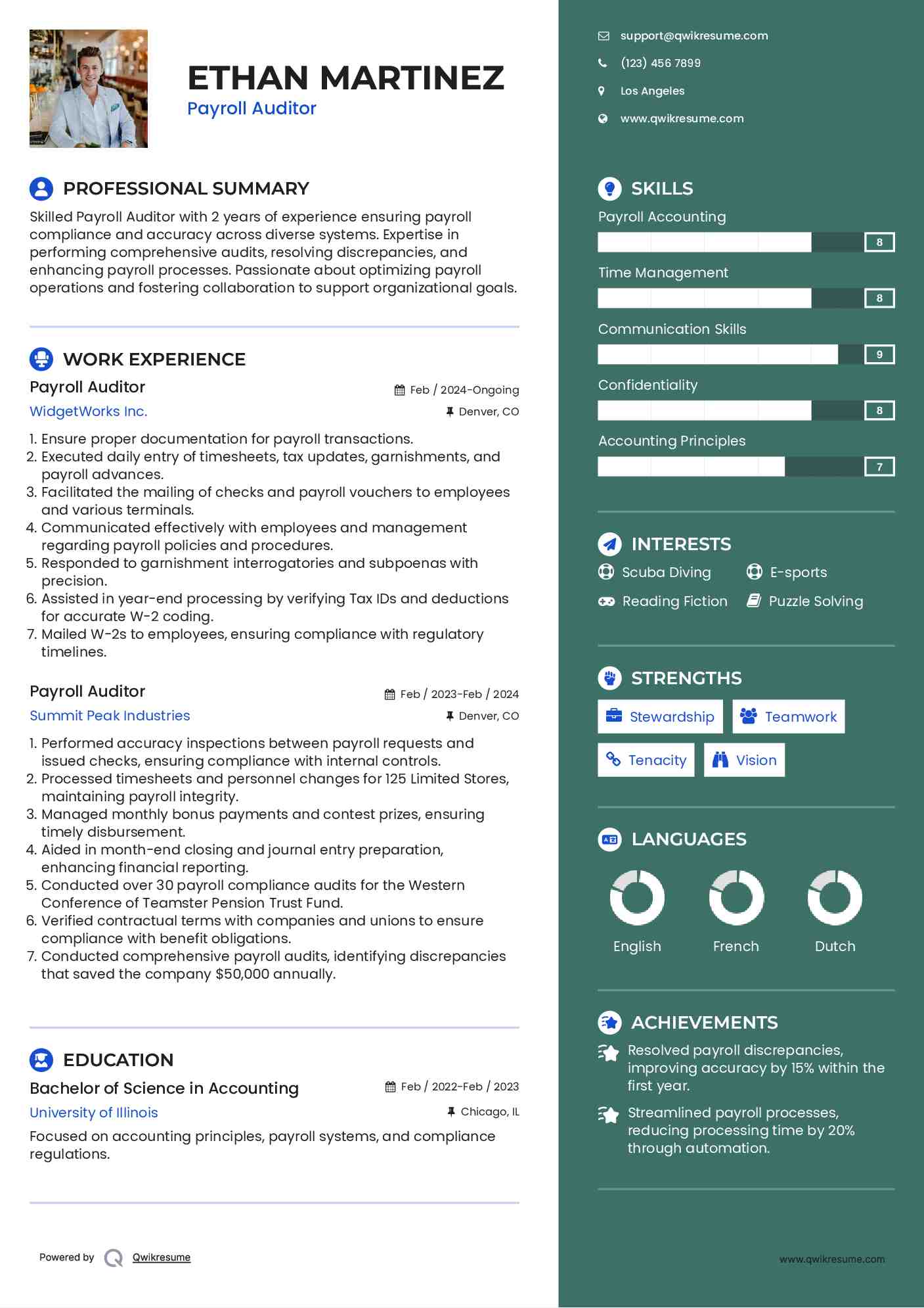 Payroll Auditor Resume Sample