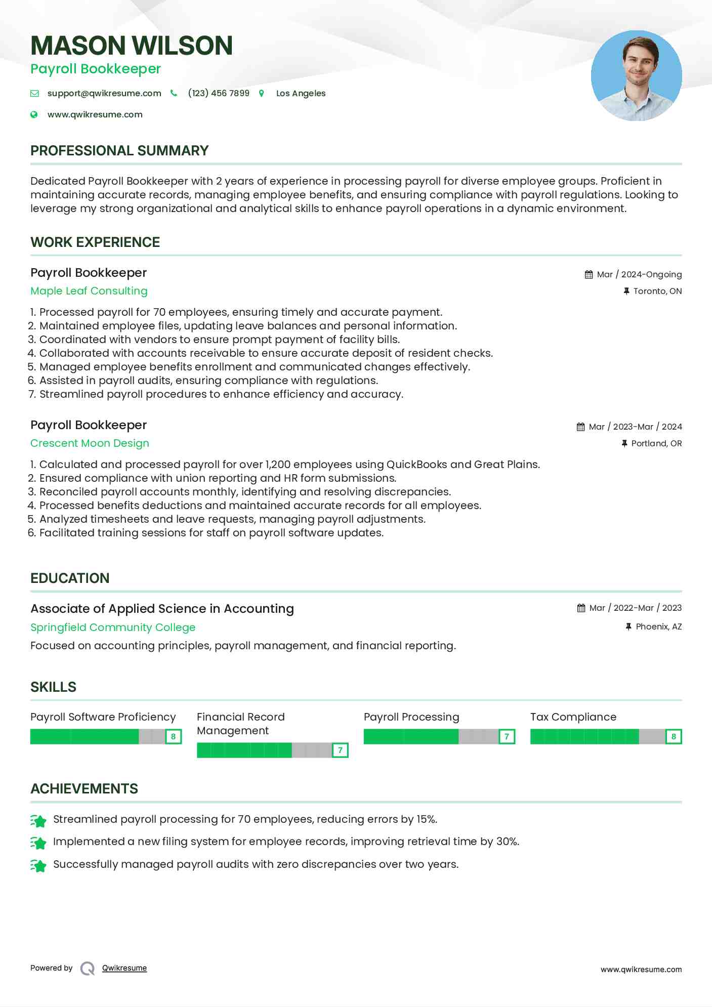 Payroll Bookkeeper Resume Sample
