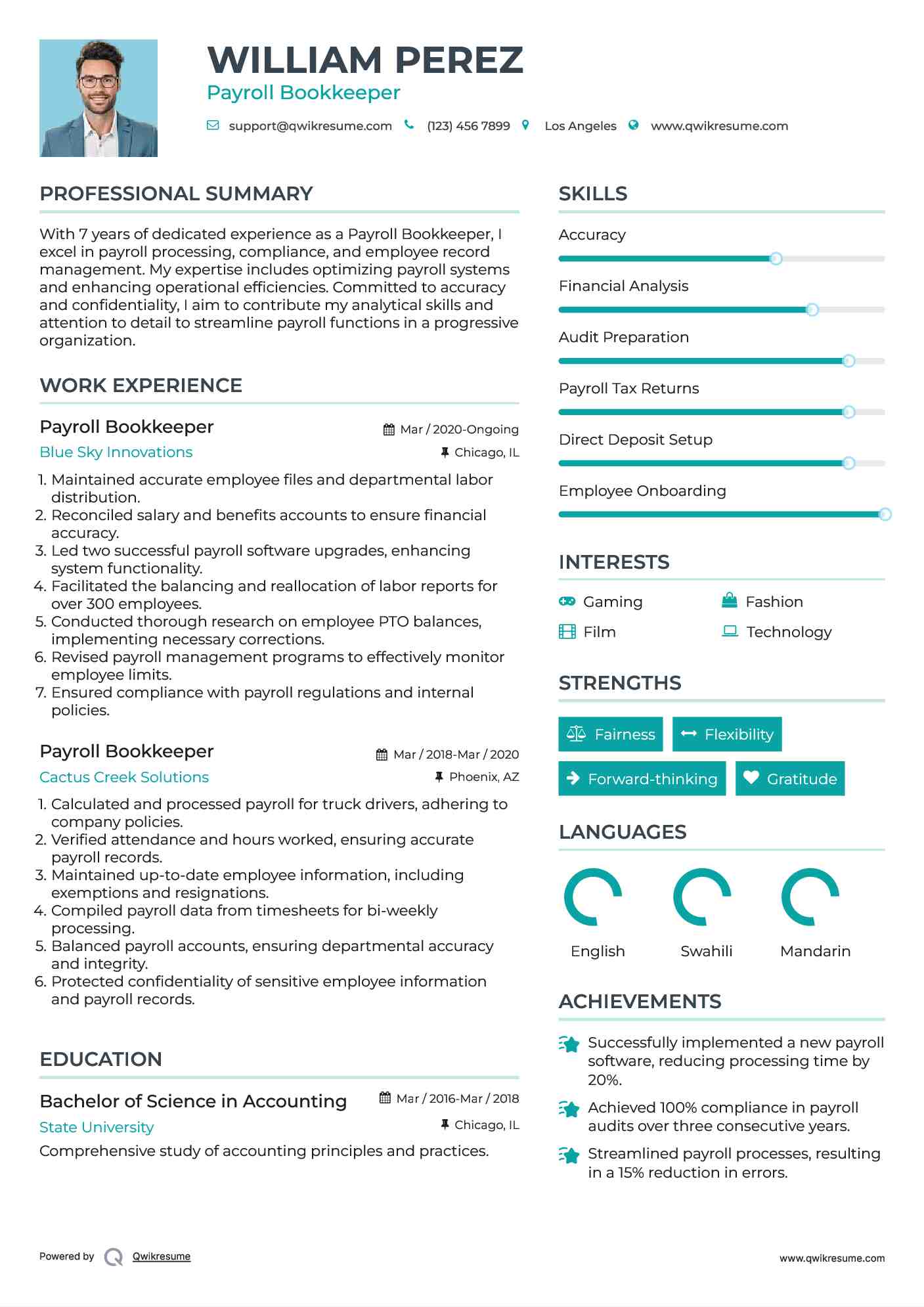 Payroll Bookkeeper Resume Sample