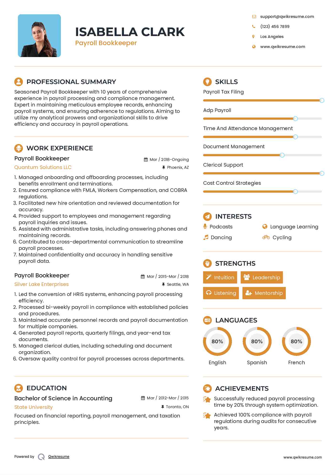 Payroll Bookkeeper Resume Format