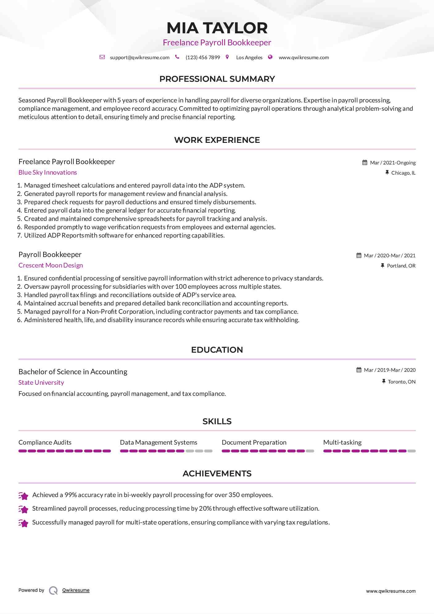 Freelance Payroll Bookkeeper Resume Model