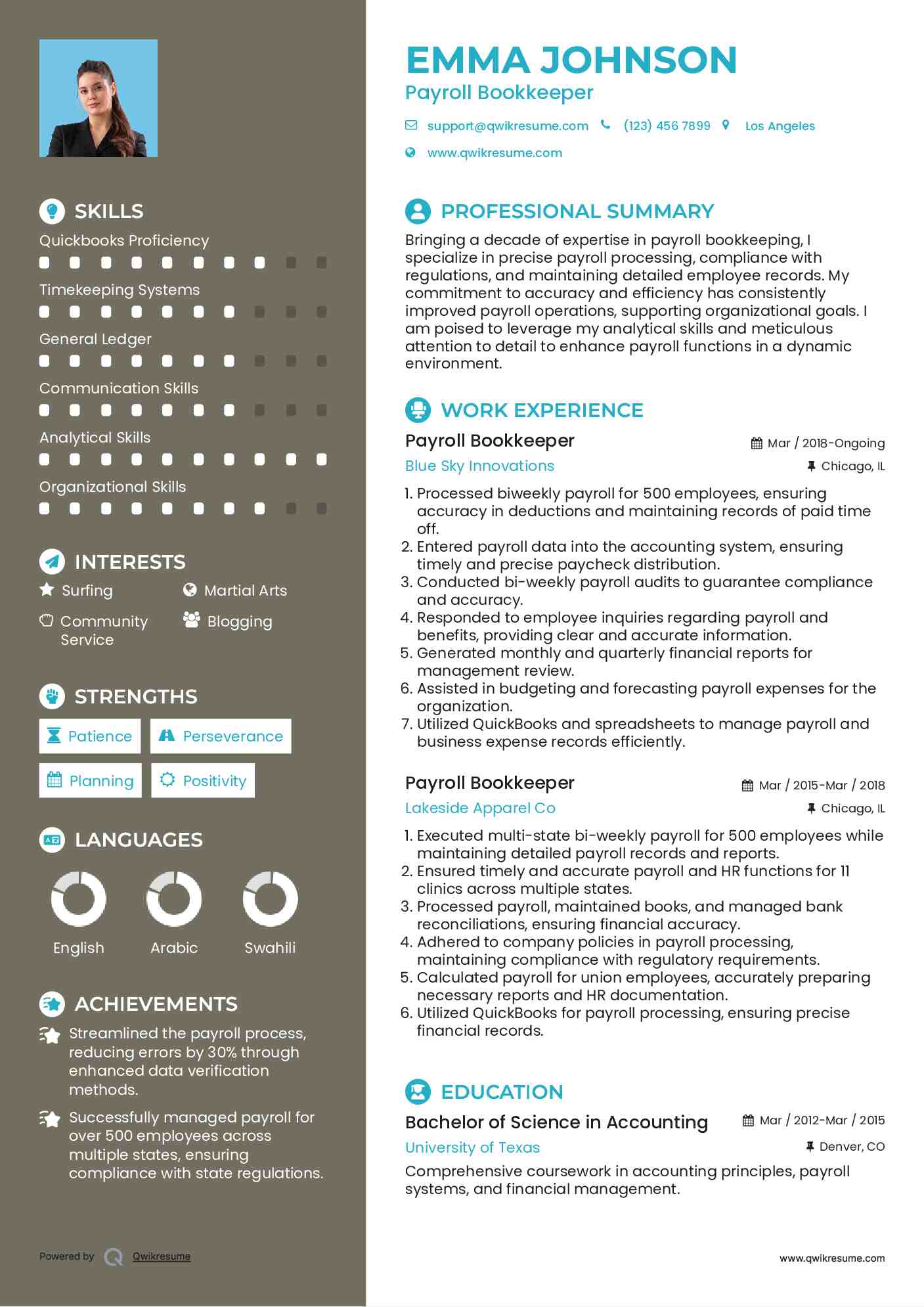 Payroll Bookkeeper Resume Example
