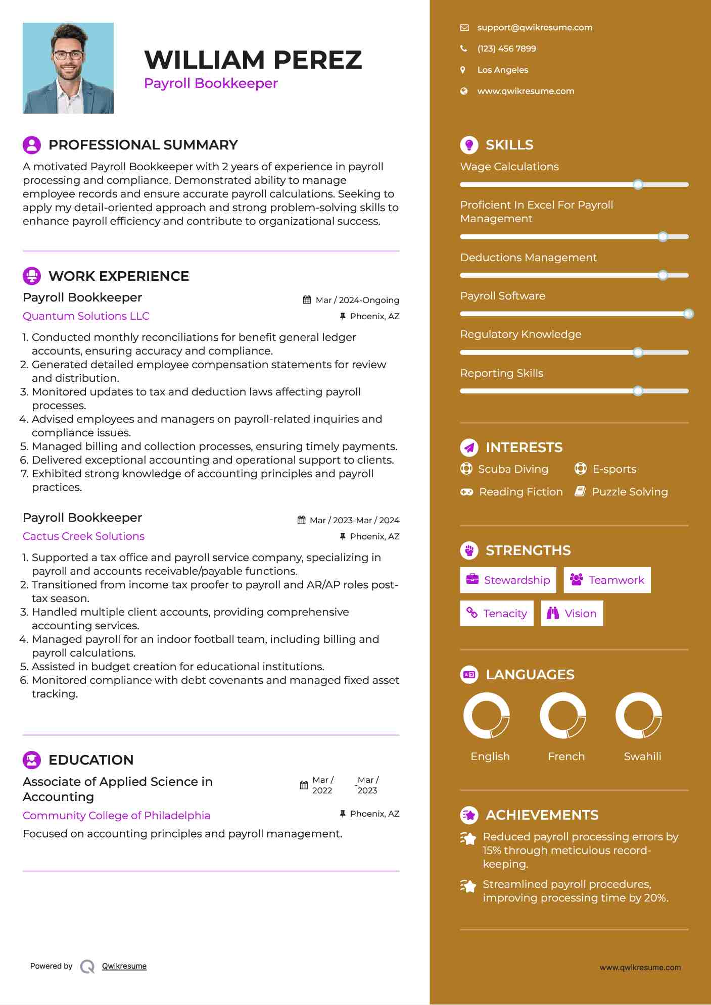 Payroll Bookkeeper Resume Format
