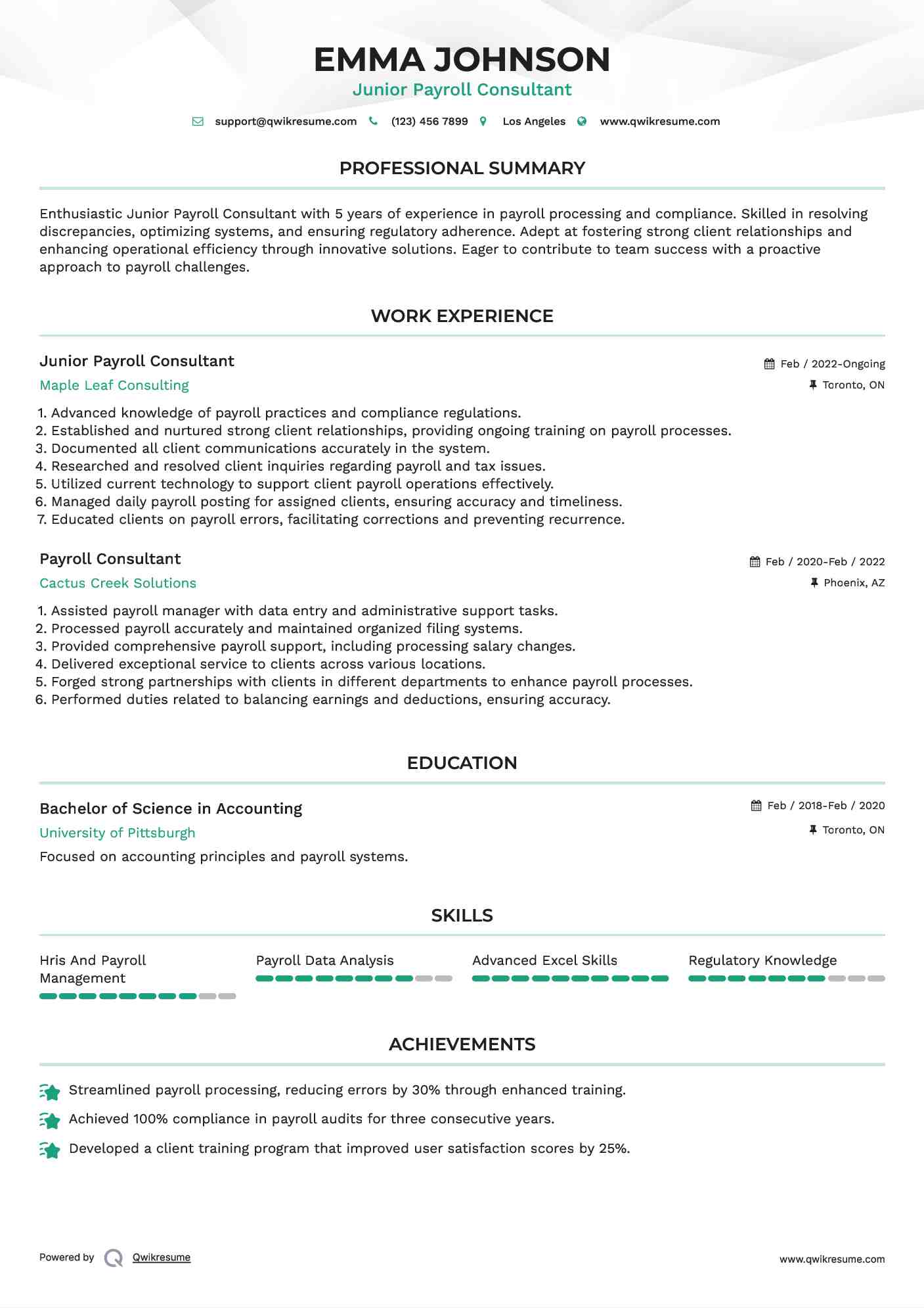 Junior Payroll Consultant Resume Sample