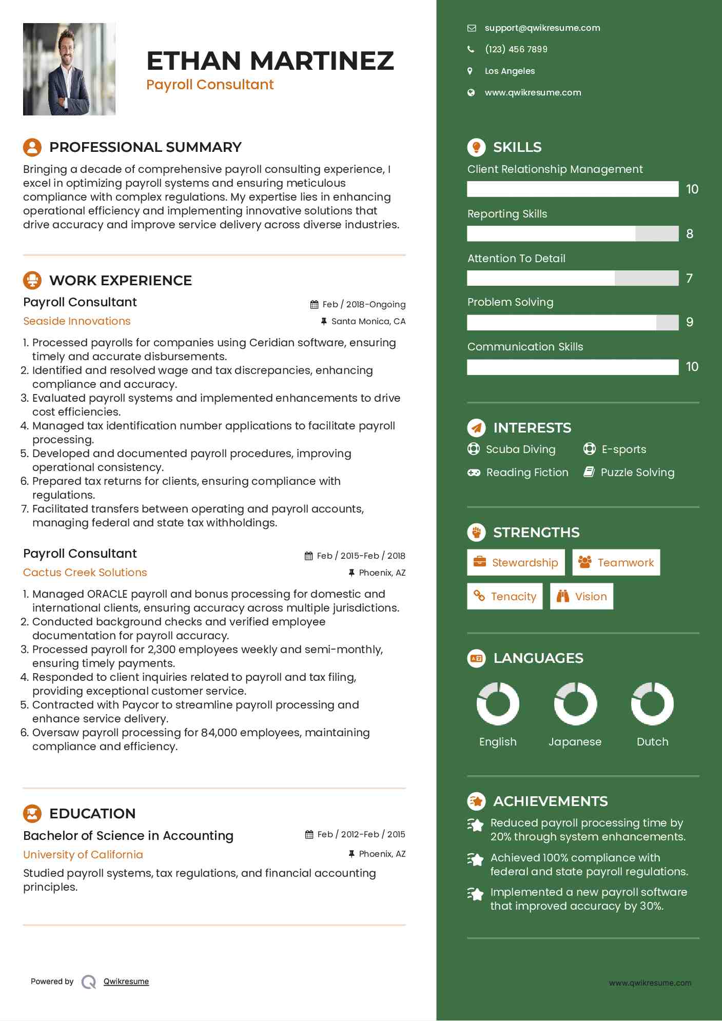 Payroll Consultant Resume Model
