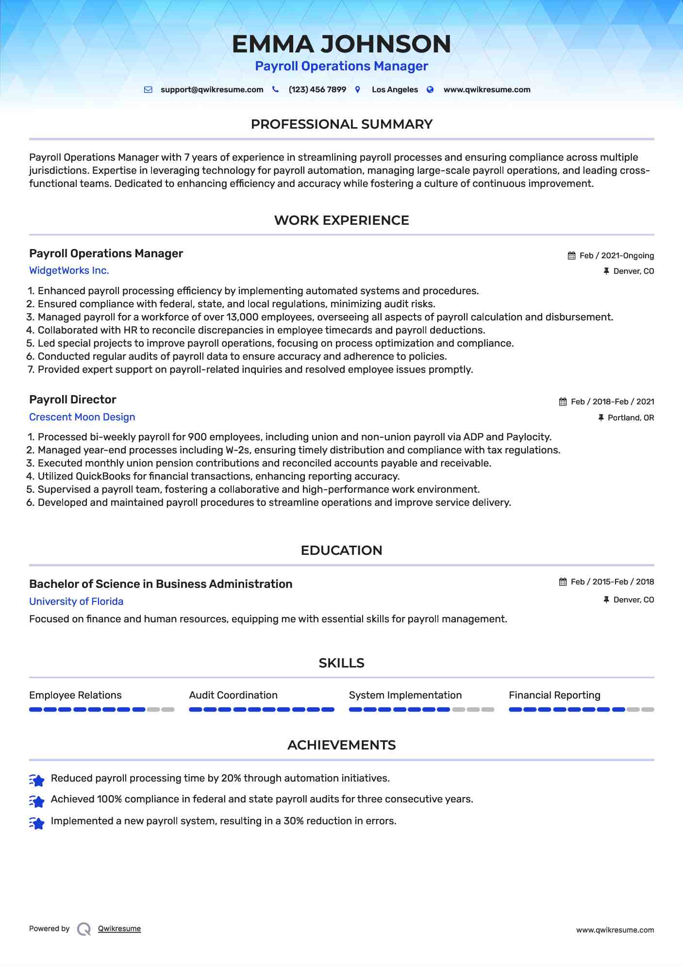 Payroll Operations Manager Resume Model