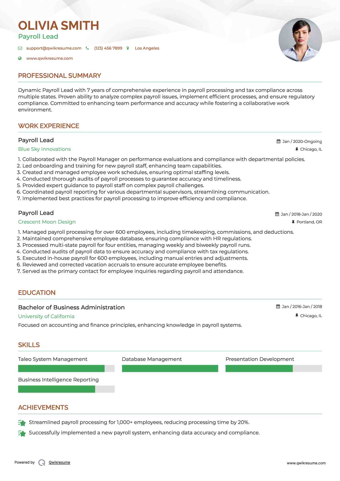 Payroll Lead Resume Example