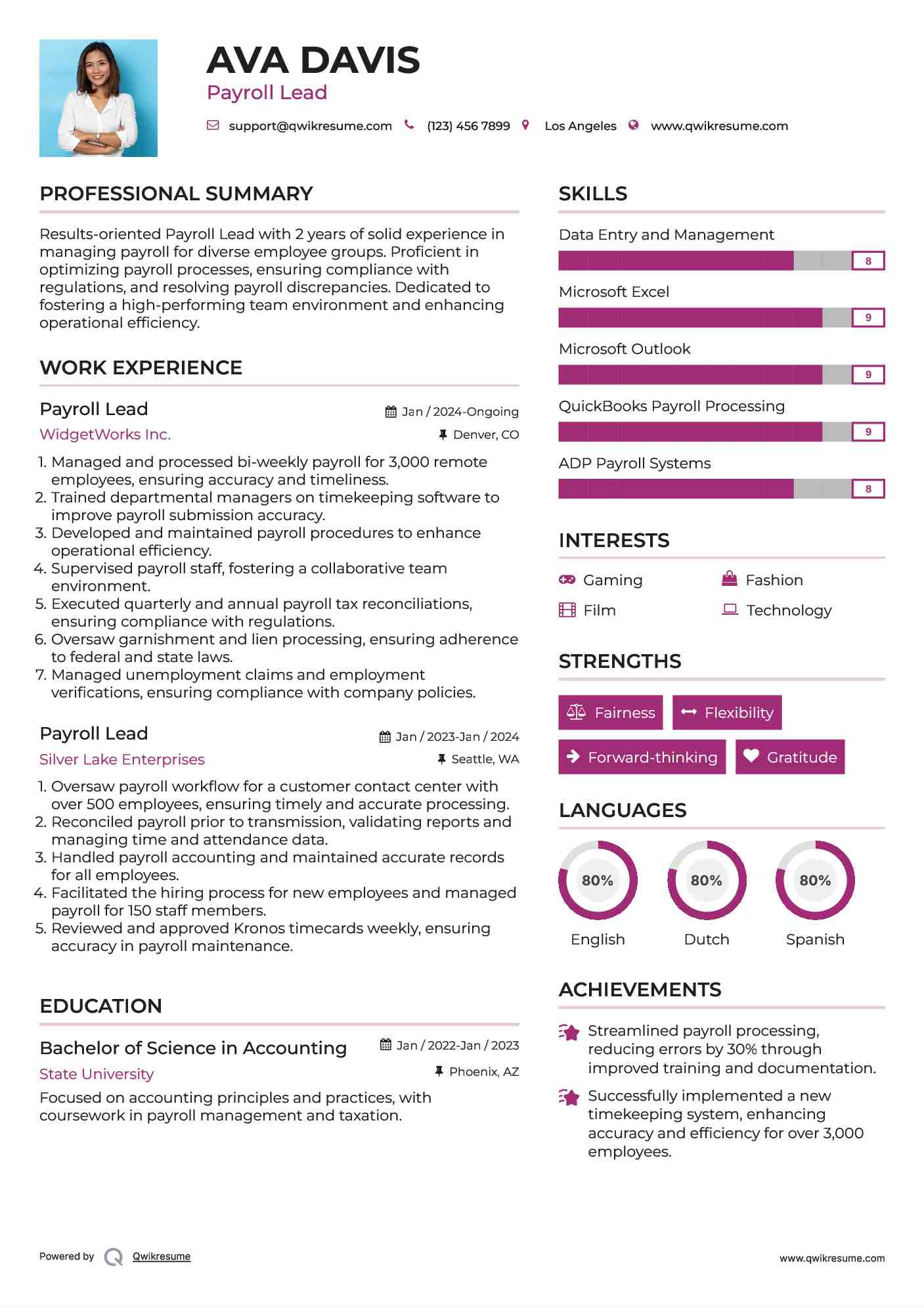 Payroll Lead Resume Sample