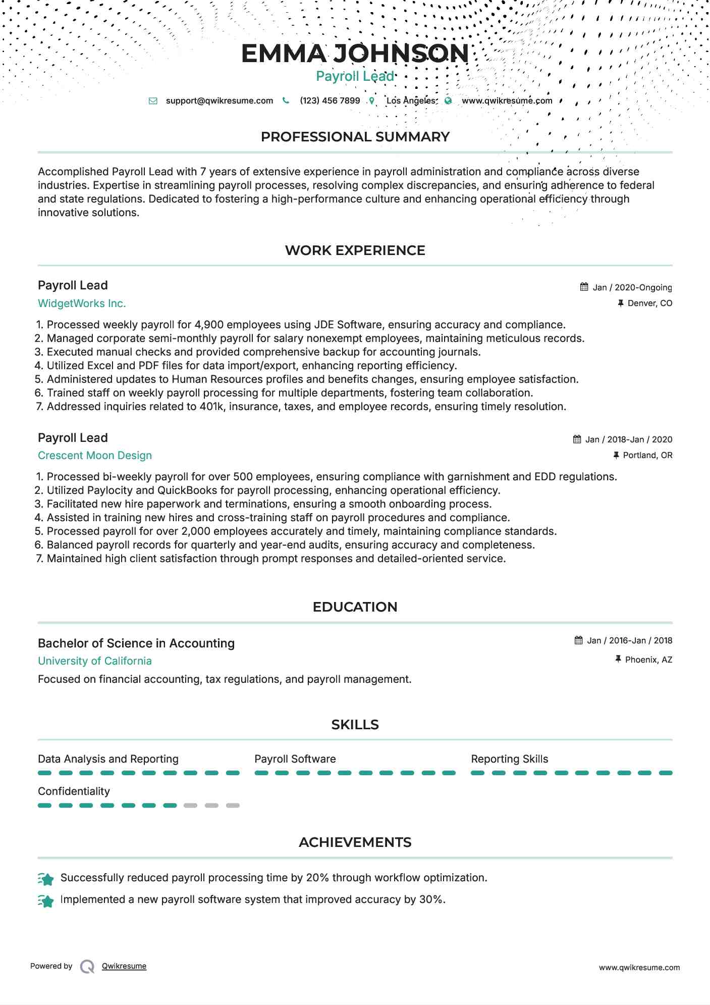 Payroll Lead Resume Format