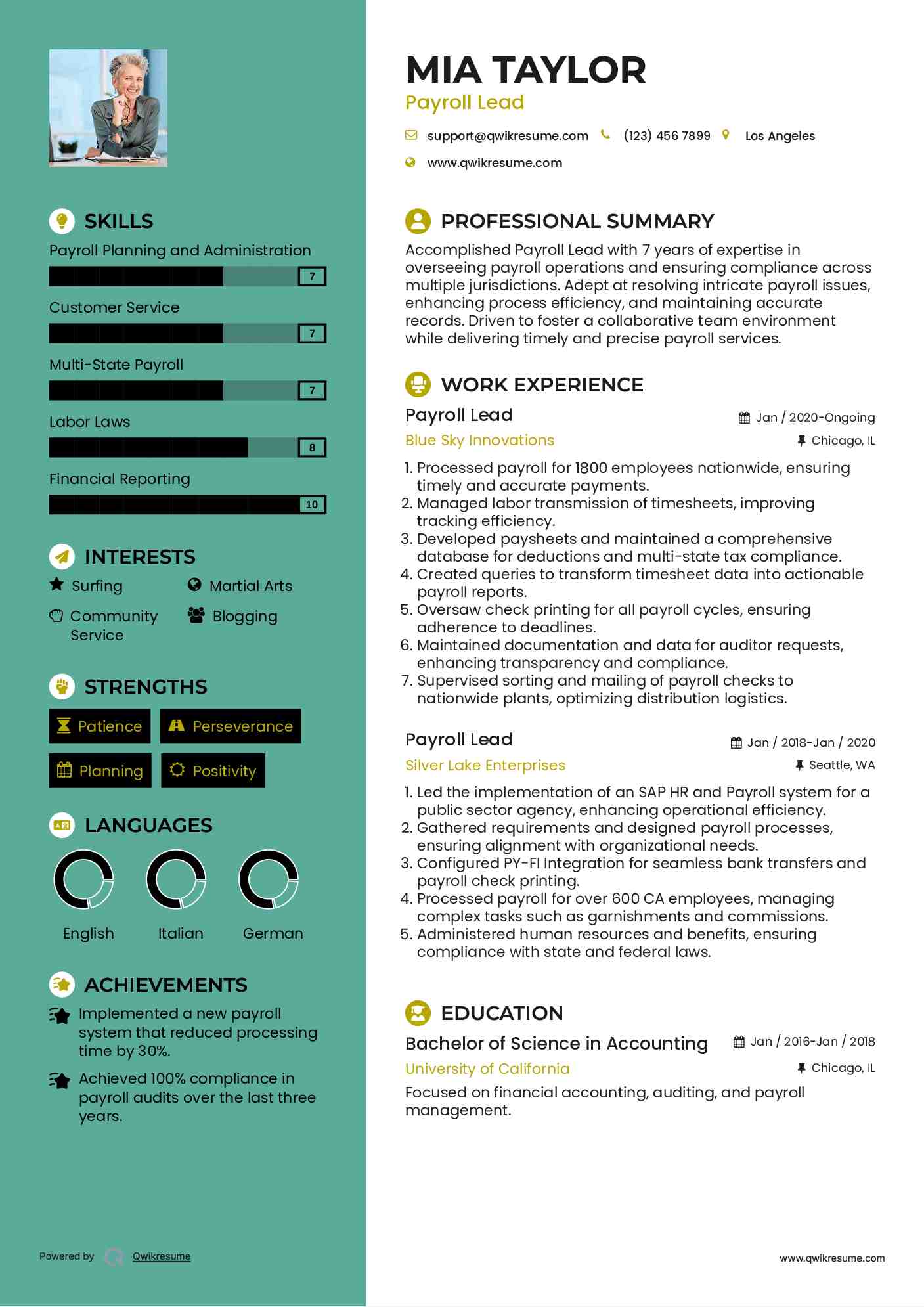 Payroll Lead Resume Sample