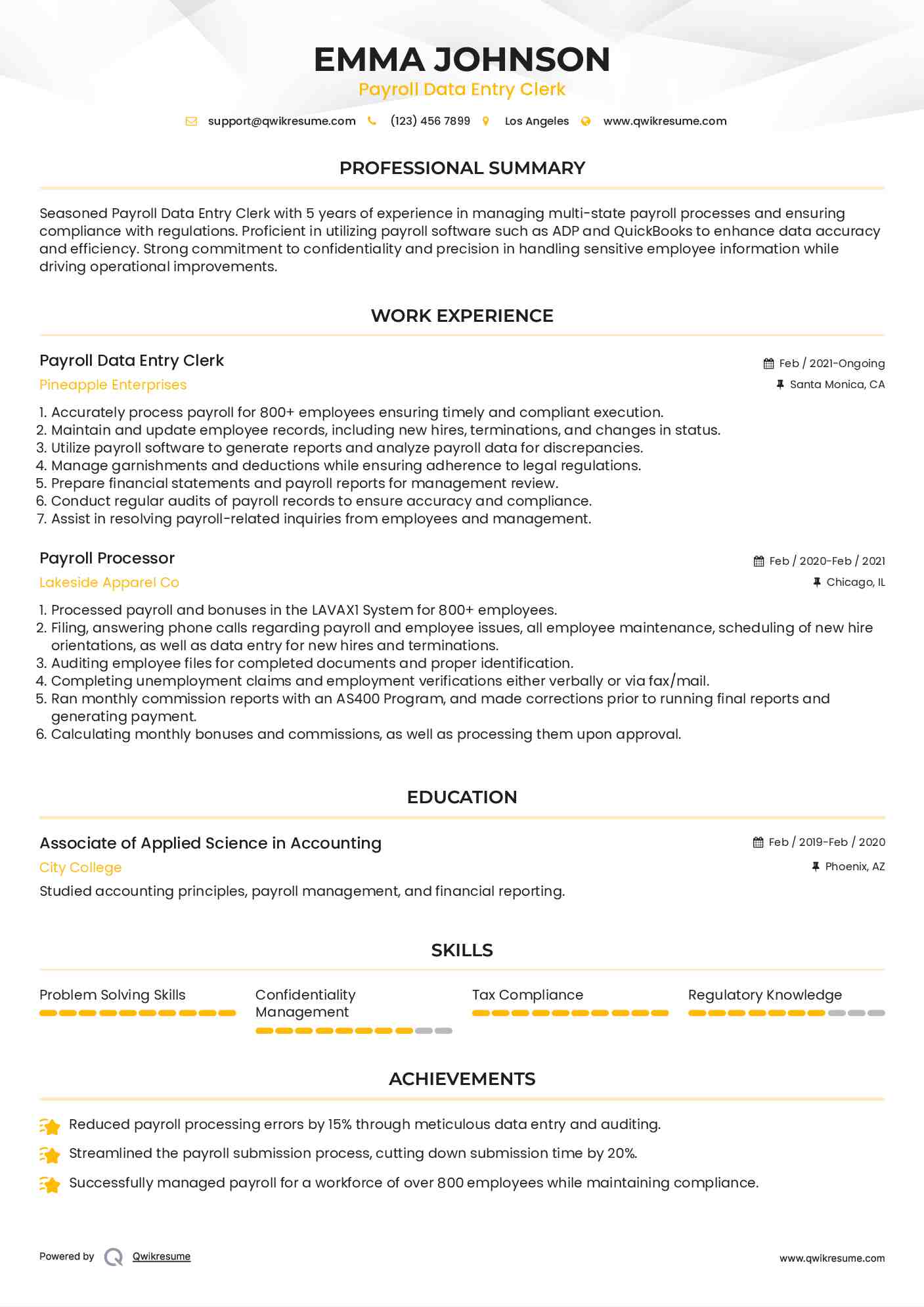 Payroll Data Entry Clerk Resume Sample