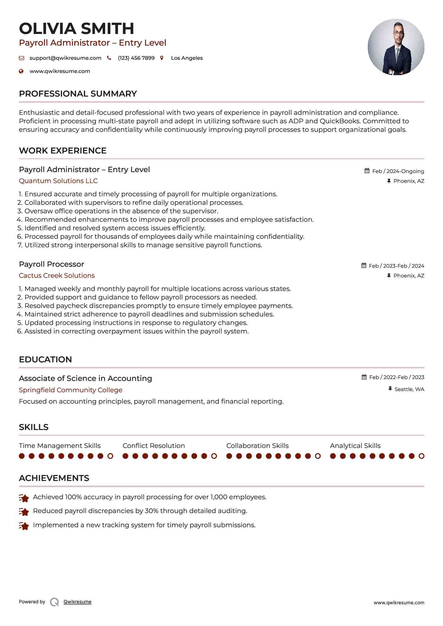 Payroll Administrator – Entry Level Resume Sample