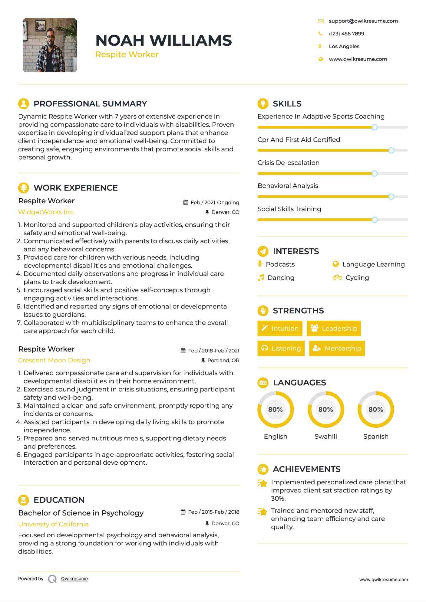 Respite Worker Resume Example