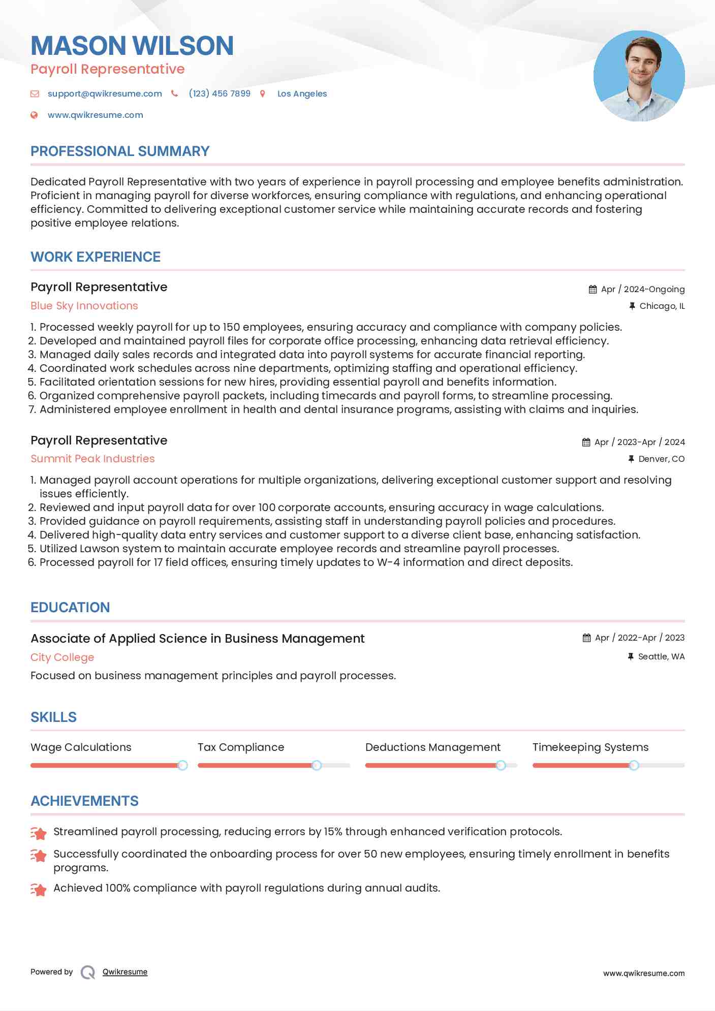 Payroll Representative Resume Template