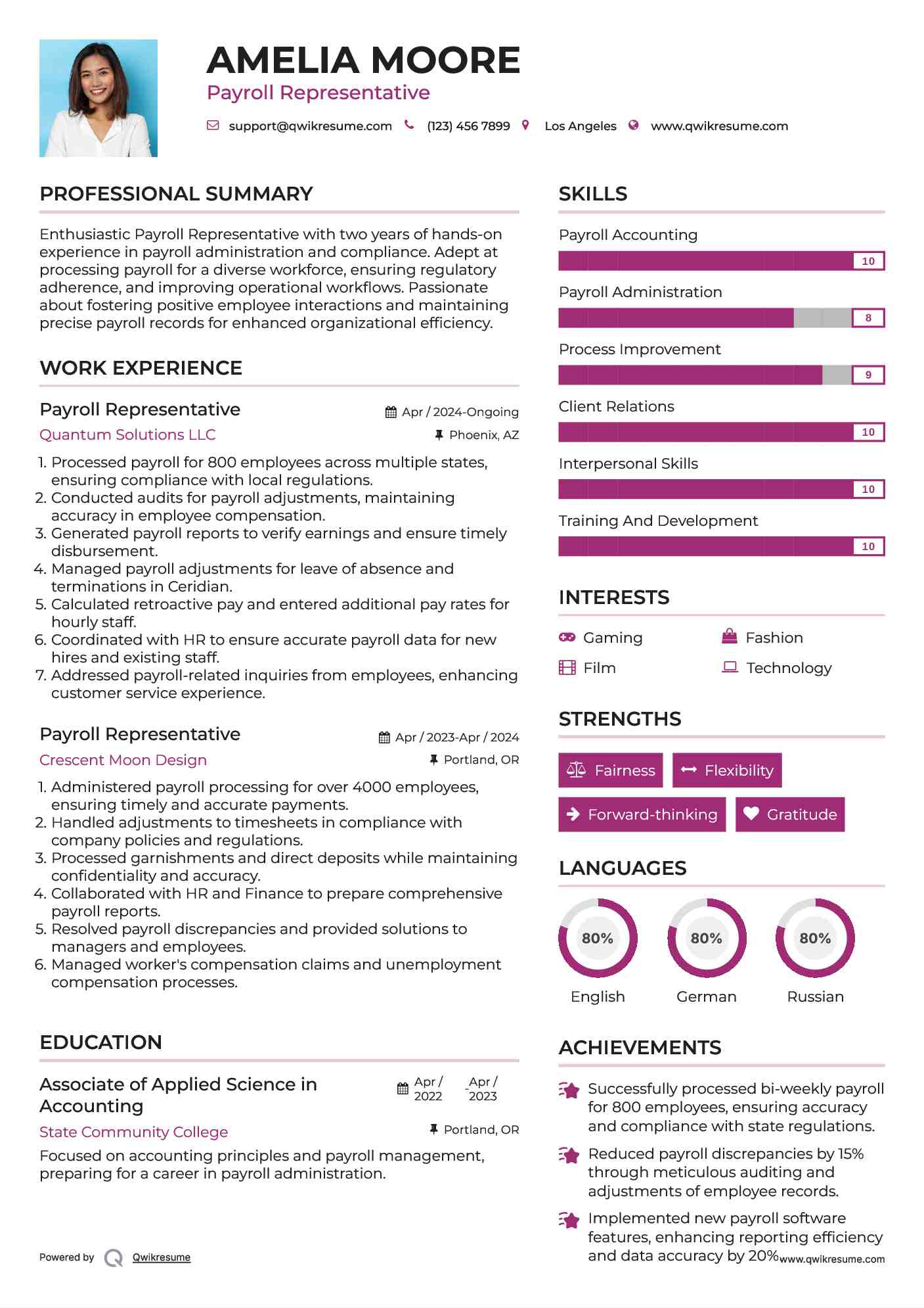 Payroll Representative Resume Model