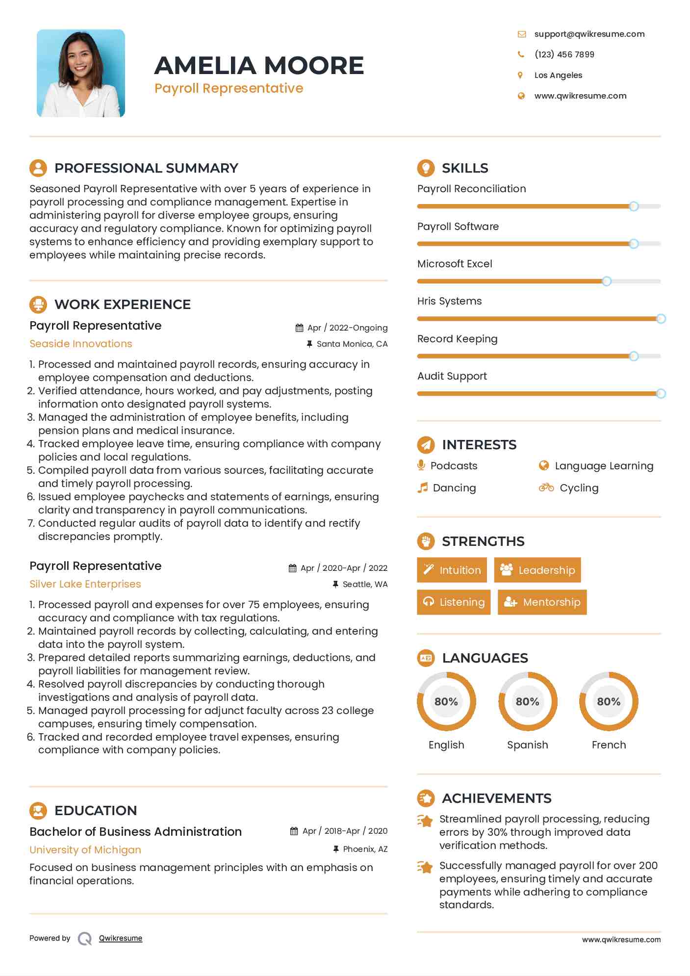Payroll Representative Resume Model