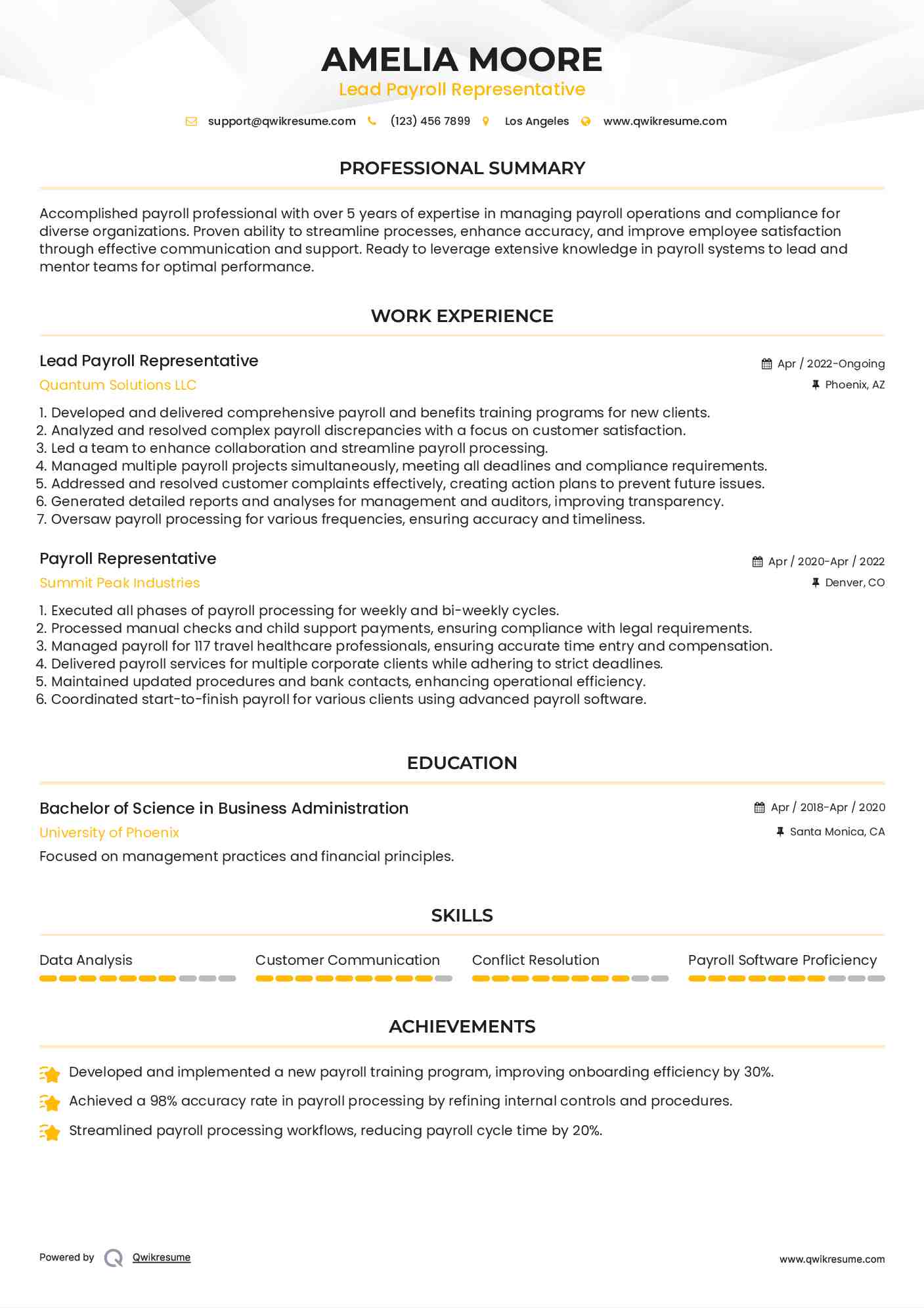 Lead Payroll Representative Resume Example