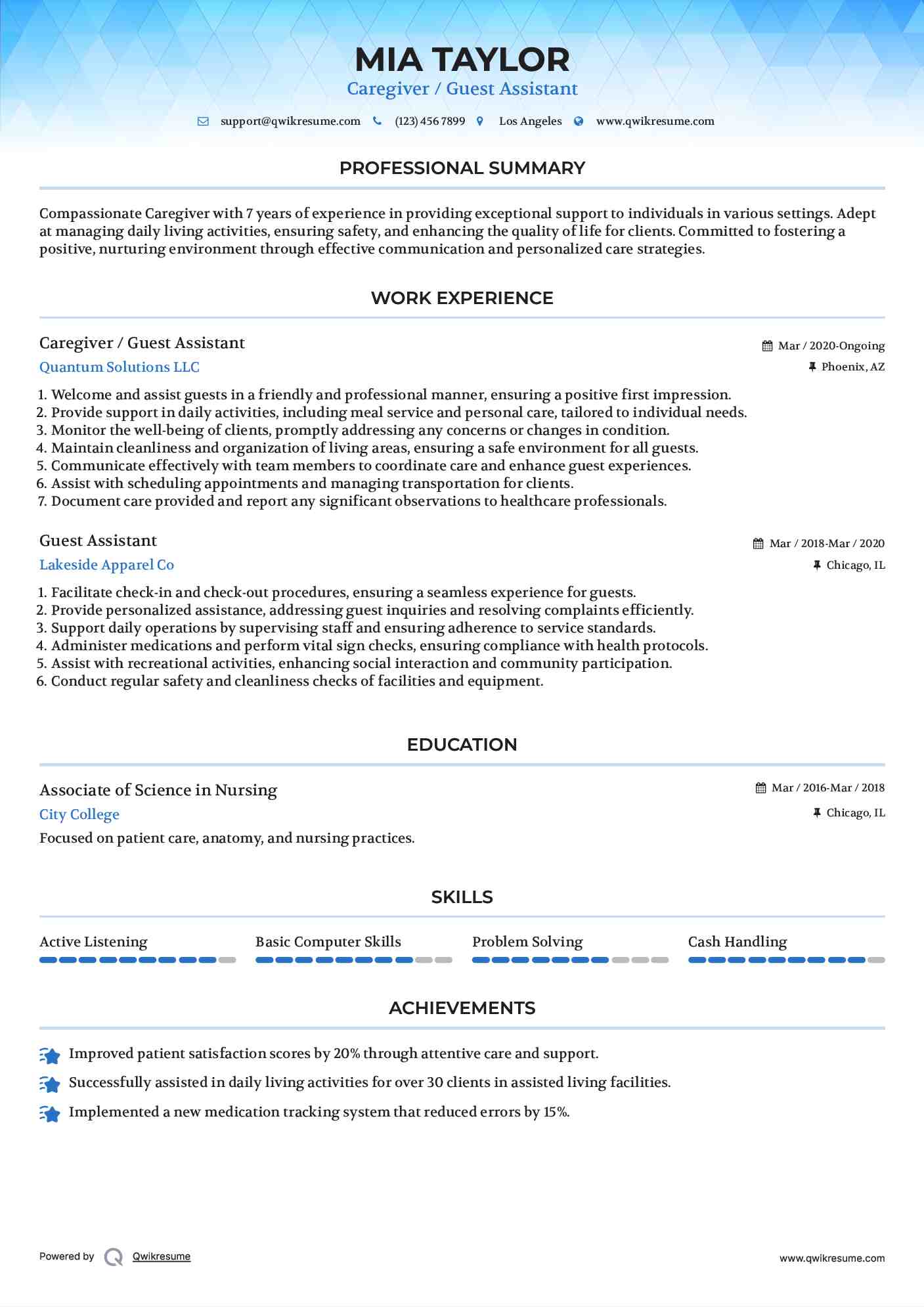 Caregiver / Guest Assistant
 Resume Template