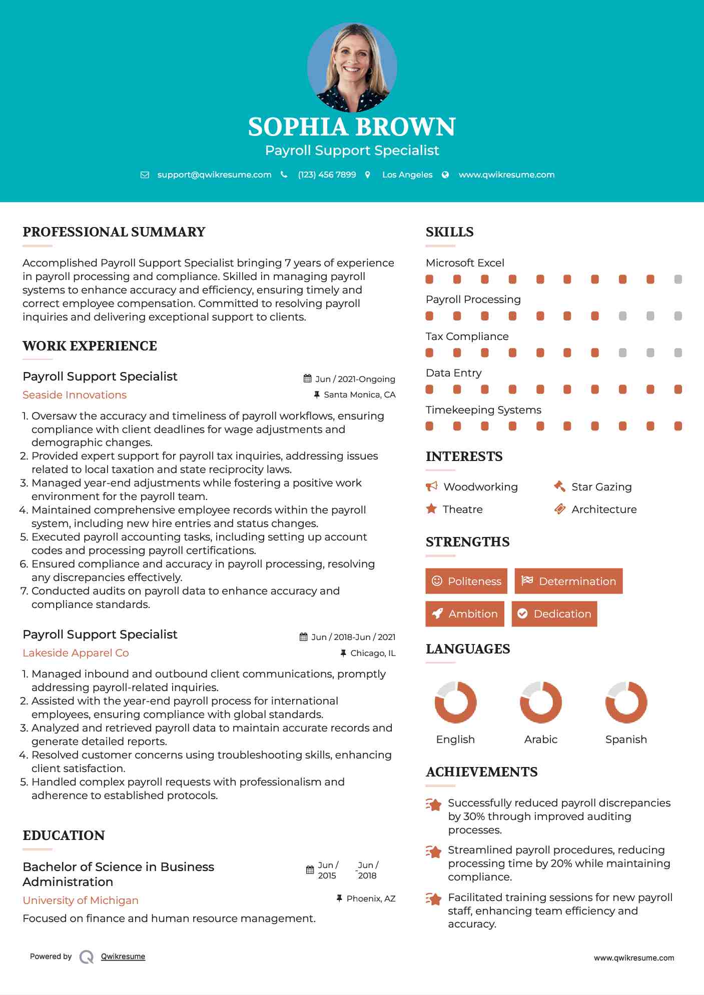 Payroll Support Specialist Resume Sample