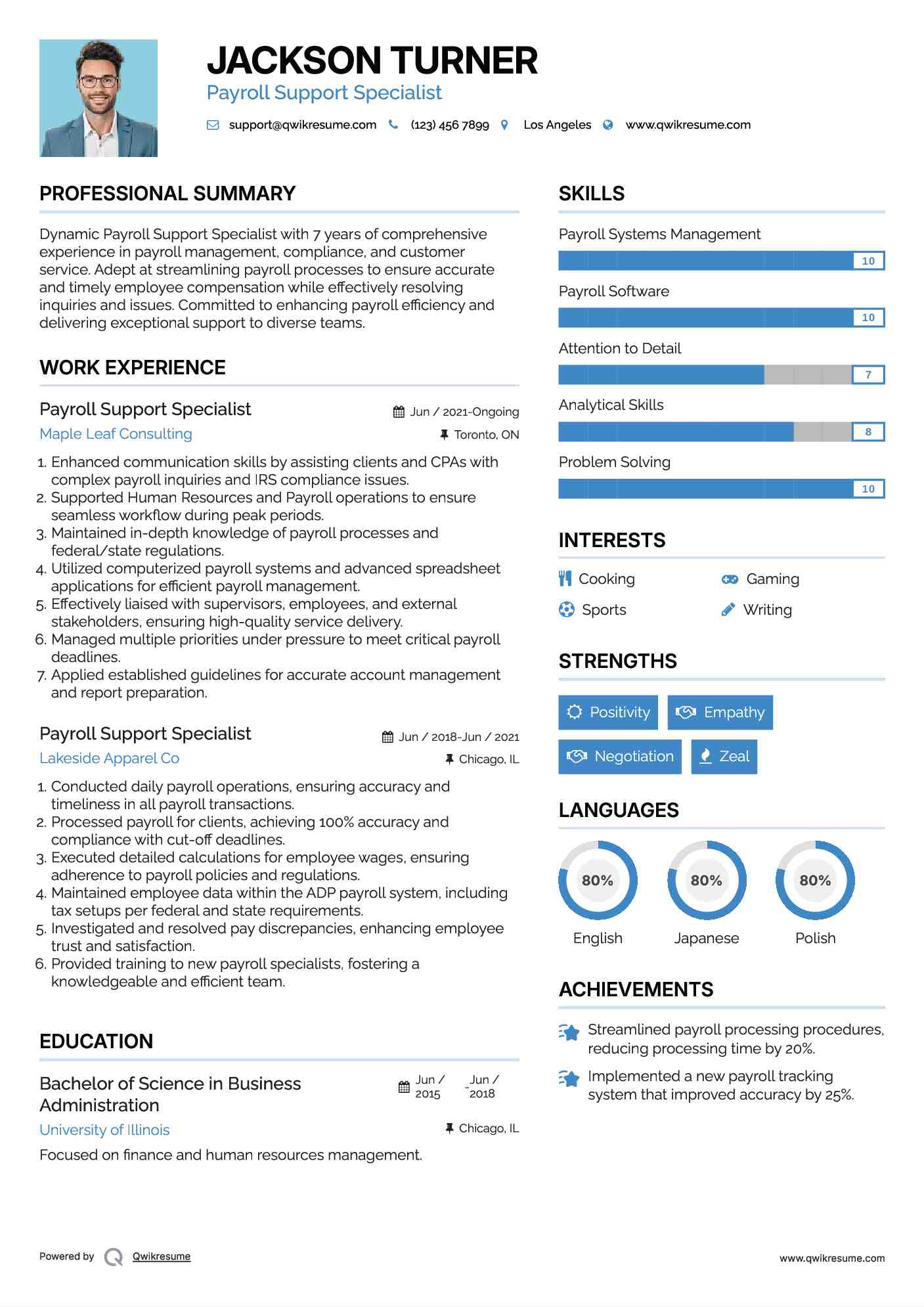 Payroll Support Specialist Resume Format