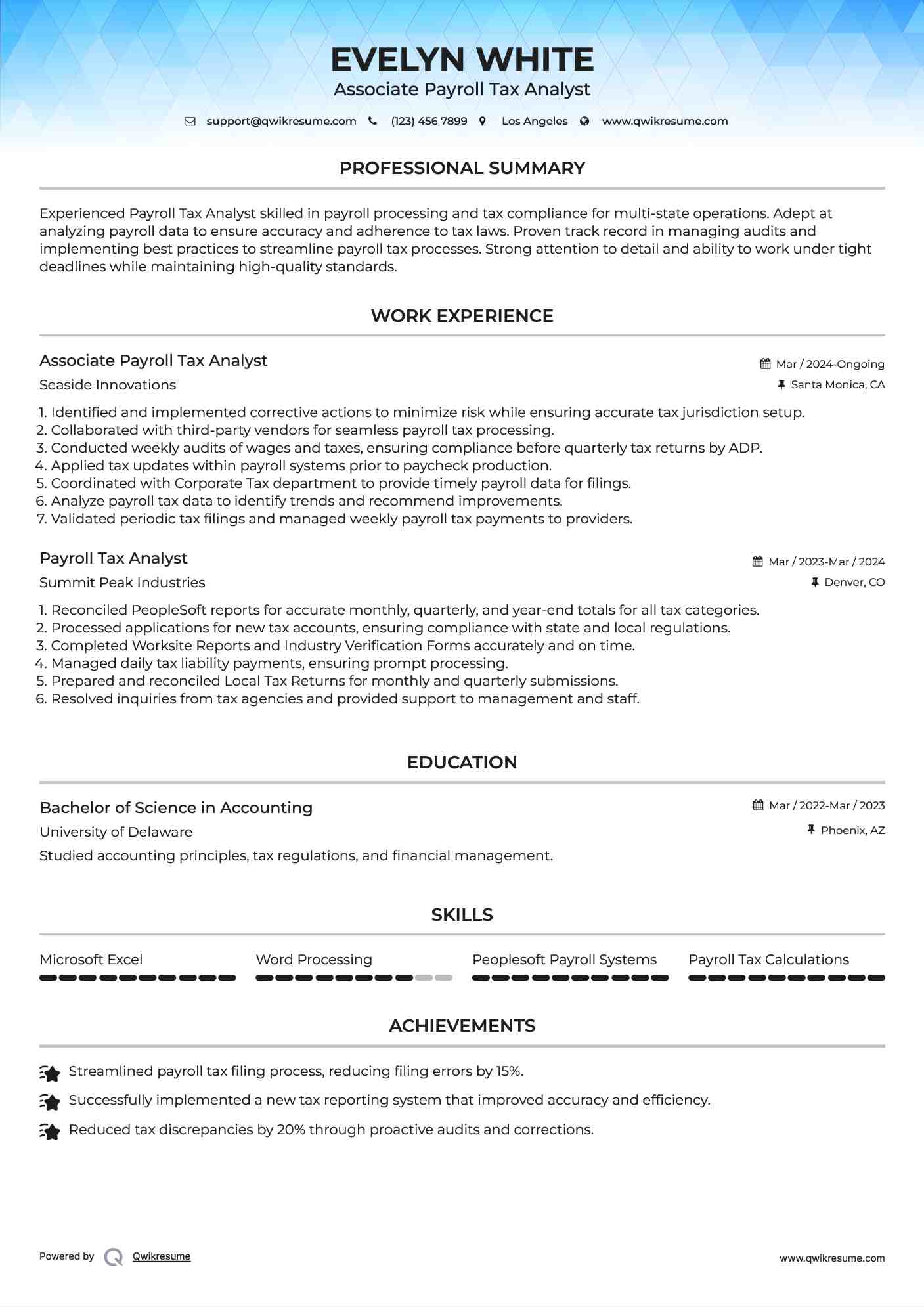 Associate Payroll Tax Analyst Resume Model